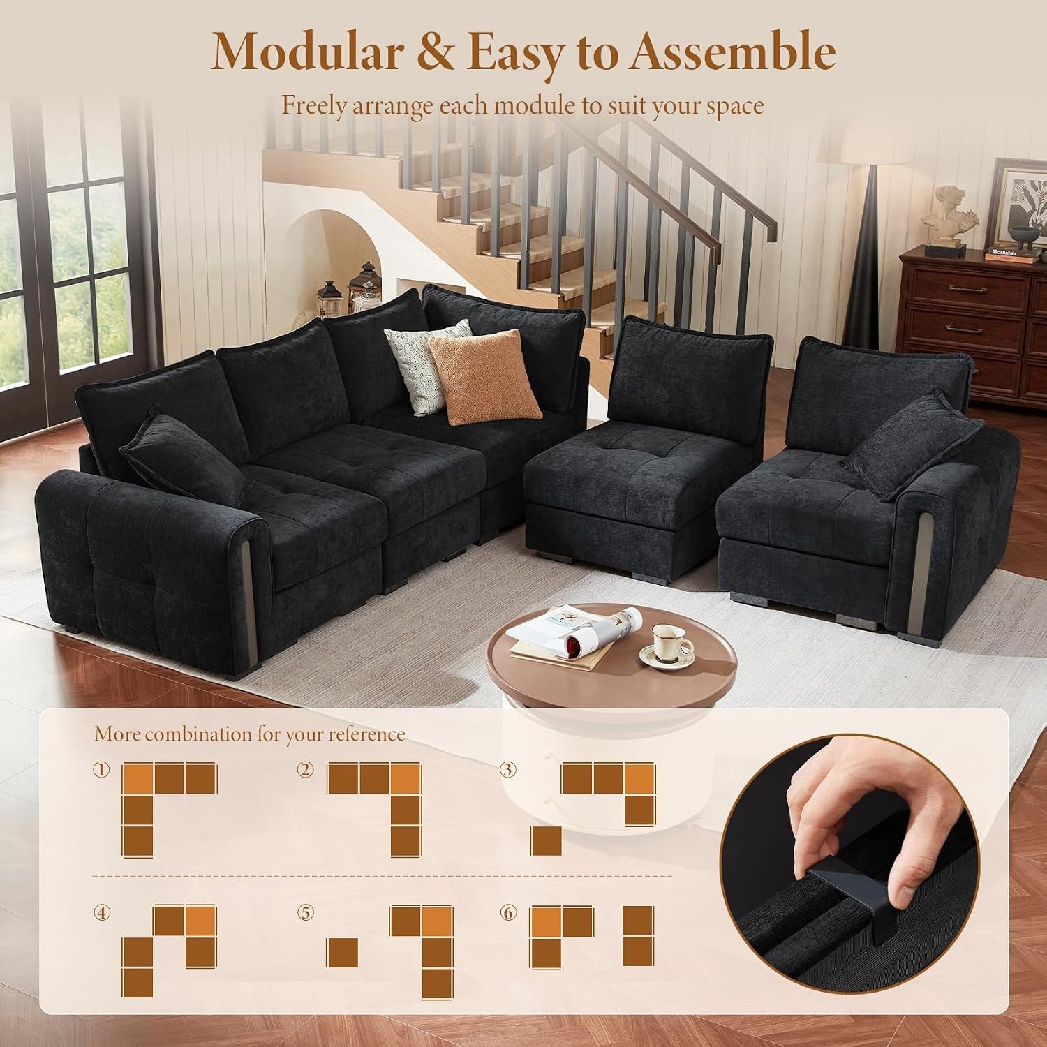 5 Seater Modular Corner Sofa with Storage, Chenille, Dark Grey | Cloud Comfort, Deep Seat, Convertible L Shaped 2C2 Corner Sofas, Easy Assembly, Sectional Couch for Living Room, Apartment