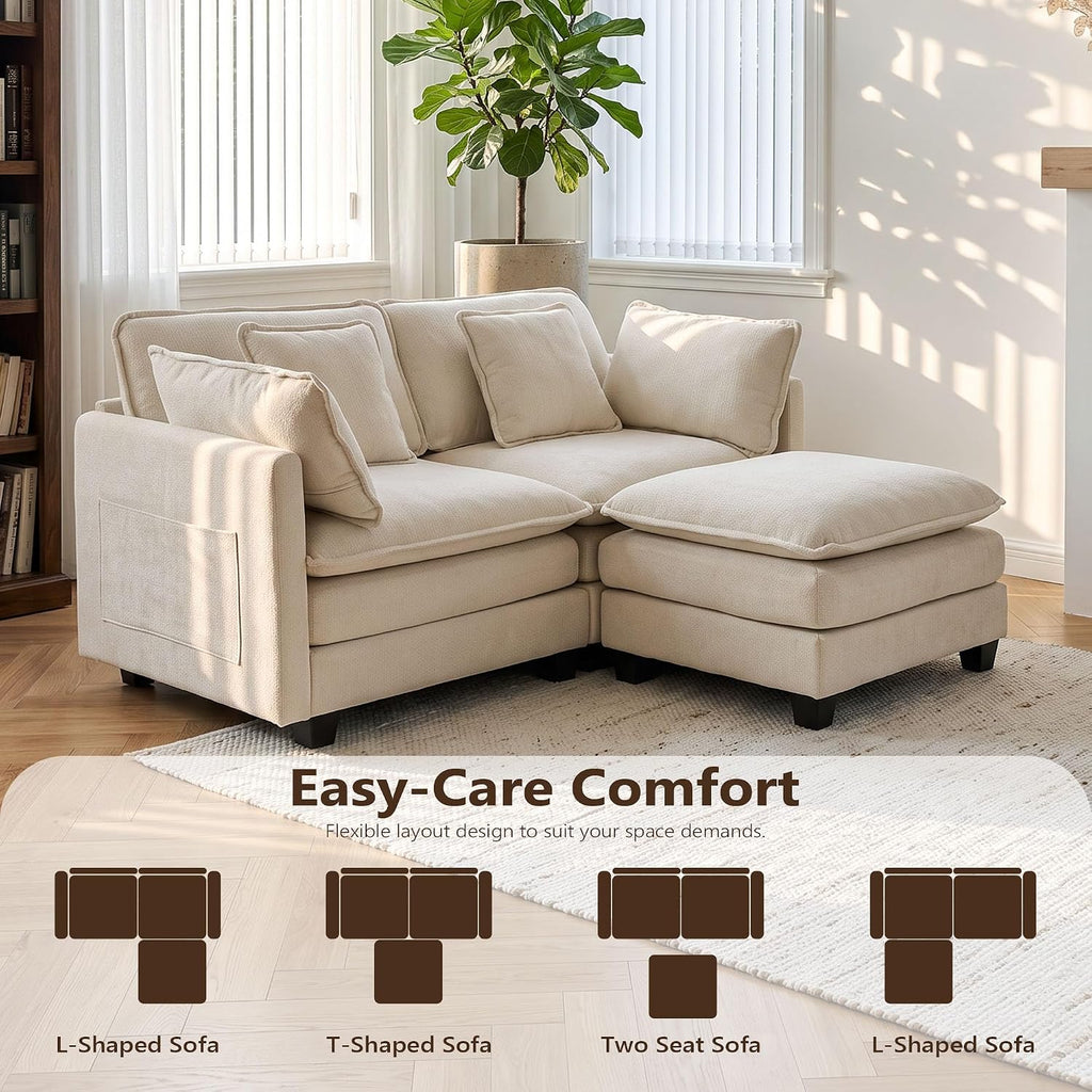 L Shaped Sofa, 162Cm Chenille 2 Seater with Ottoman, Begie | Deep-Seat Modular Design with a Movable Ottoman Footstool for Living Rooms, Bedrooms and Small Spaces