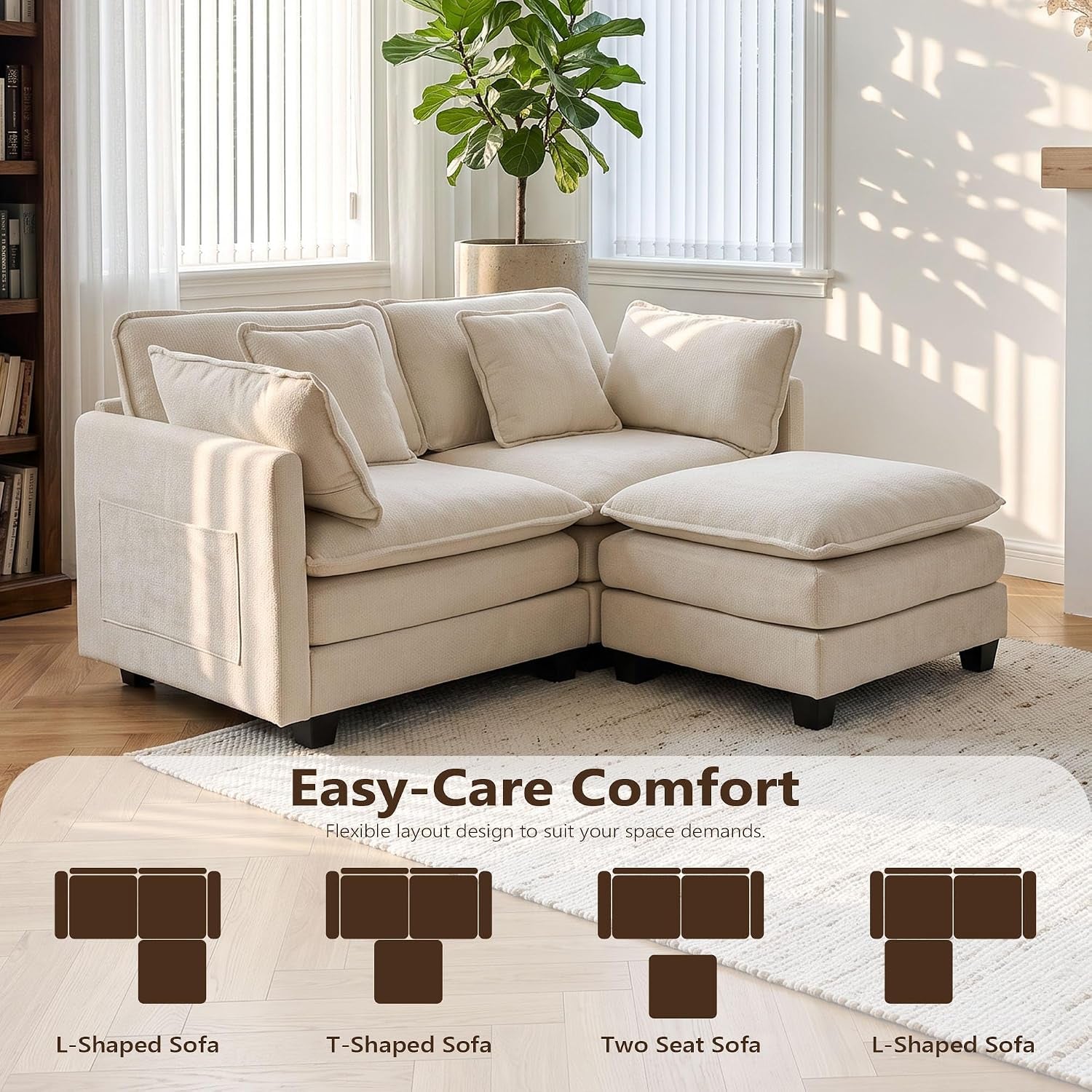 L Shaped Sofa, 162Cm Chenille 2 Seater with Ottoman, Begie | Deep-Seat Modular Design with a Movable Ottoman Footstool for Living Rooms, Bedrooms and Small Spaces