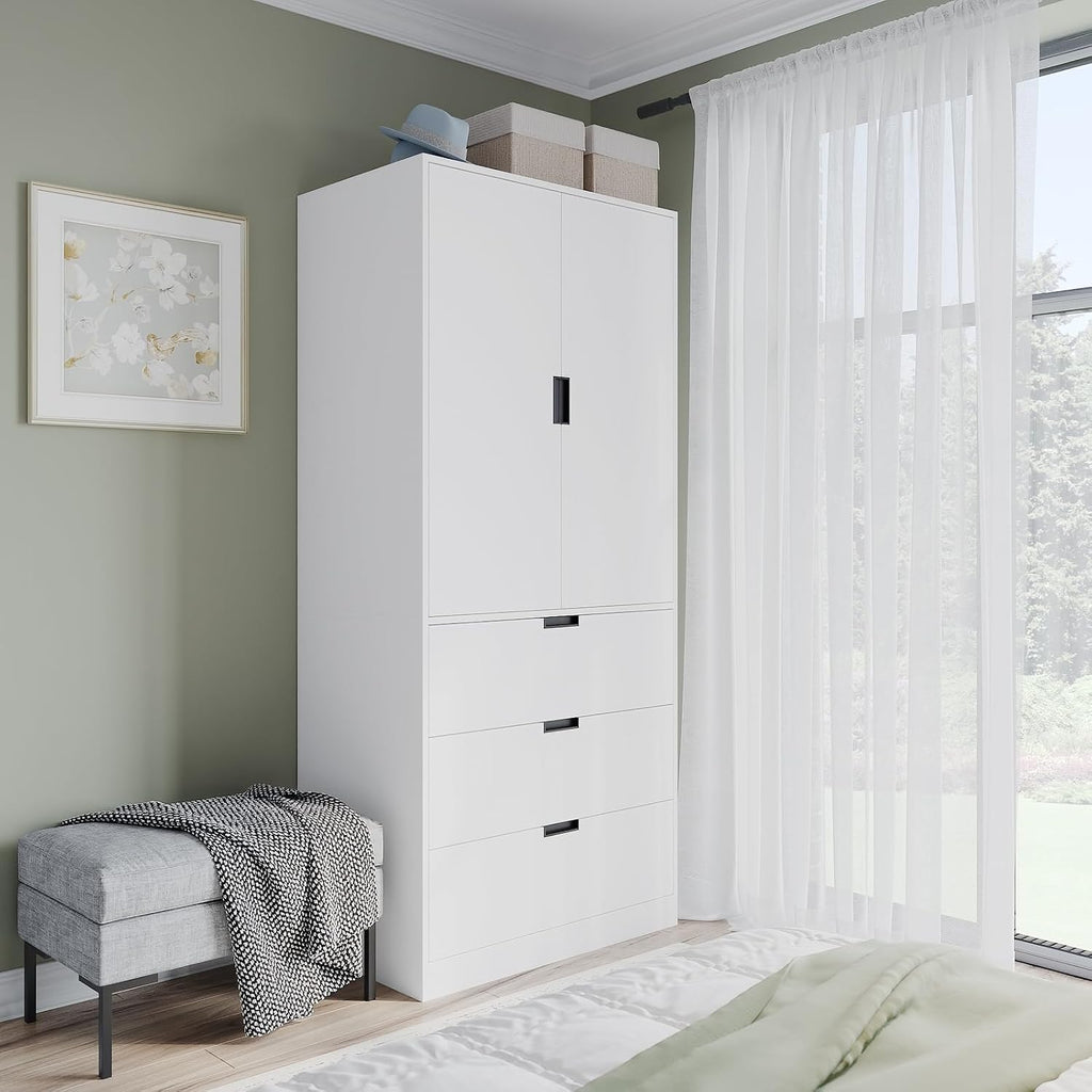 Modern 2 Door Wardrobe with 3 Drawers & Hanging Rail, Stylish Freestanding Storage, Spacious Interior, Durable Chipboard Build, Easy to Assemble Bedroom Furniture
