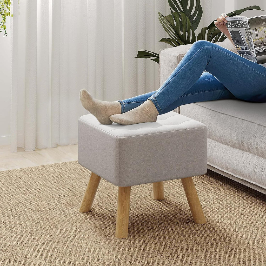 Linen Fabric Footstool Square Upholstered Stool Pouffe Stool Change Shoe Footrest Wooden Legs for Living Room Bedroom (Beige)