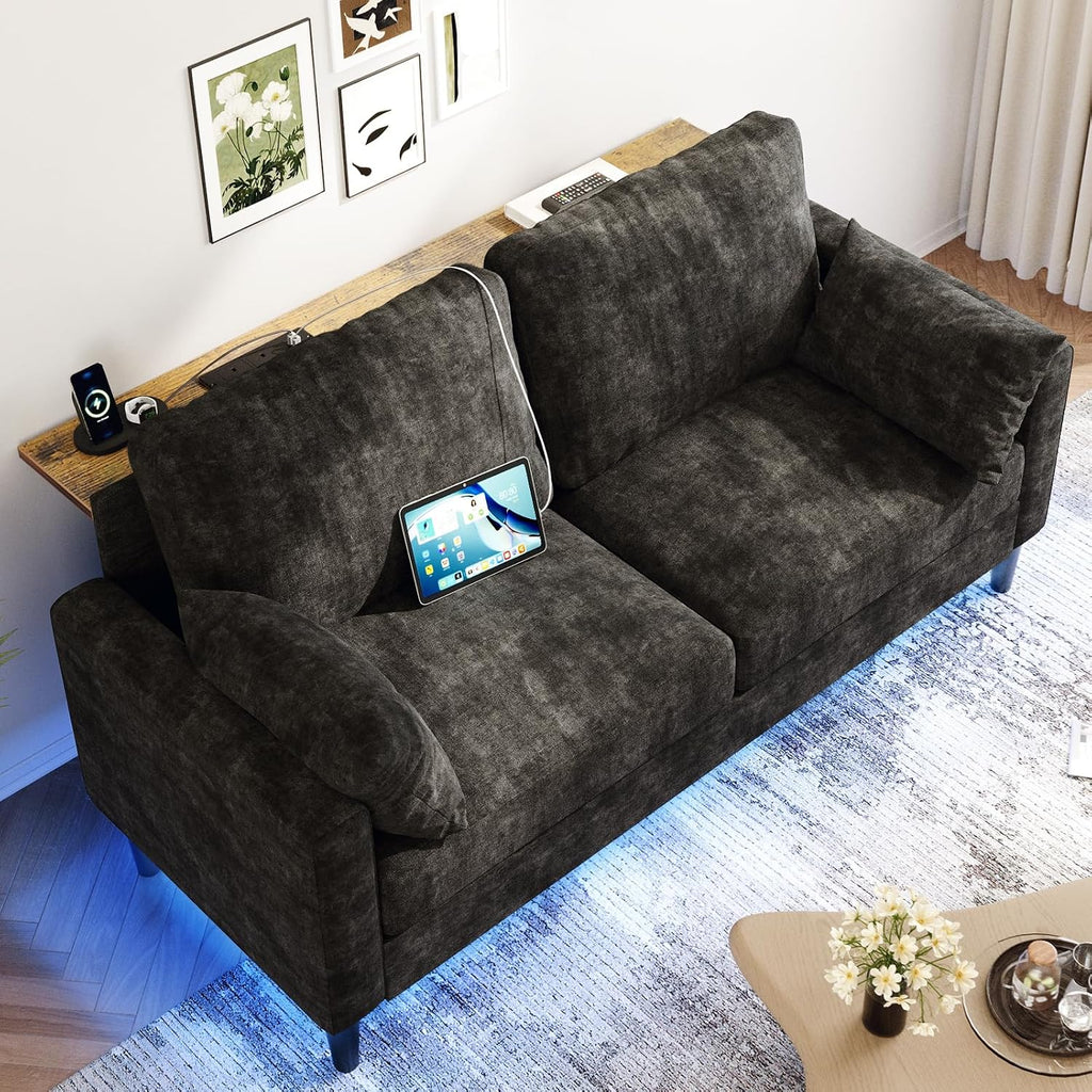 2 Seater Sofa with 2 AC Outlets and 2 USB Ports, Small Couch Loveseat with LED Lights, Chenille Sofas Couches with Console Table for Living Room, Easy Assembly, Black