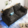 2 Seater Sofa with 2 AC Outlets and 2 USB Ports, Small Couch Loveseat with LED Lights, Chenille Sofas Couches with Console Table for Living Room, Easy Assembly, Black