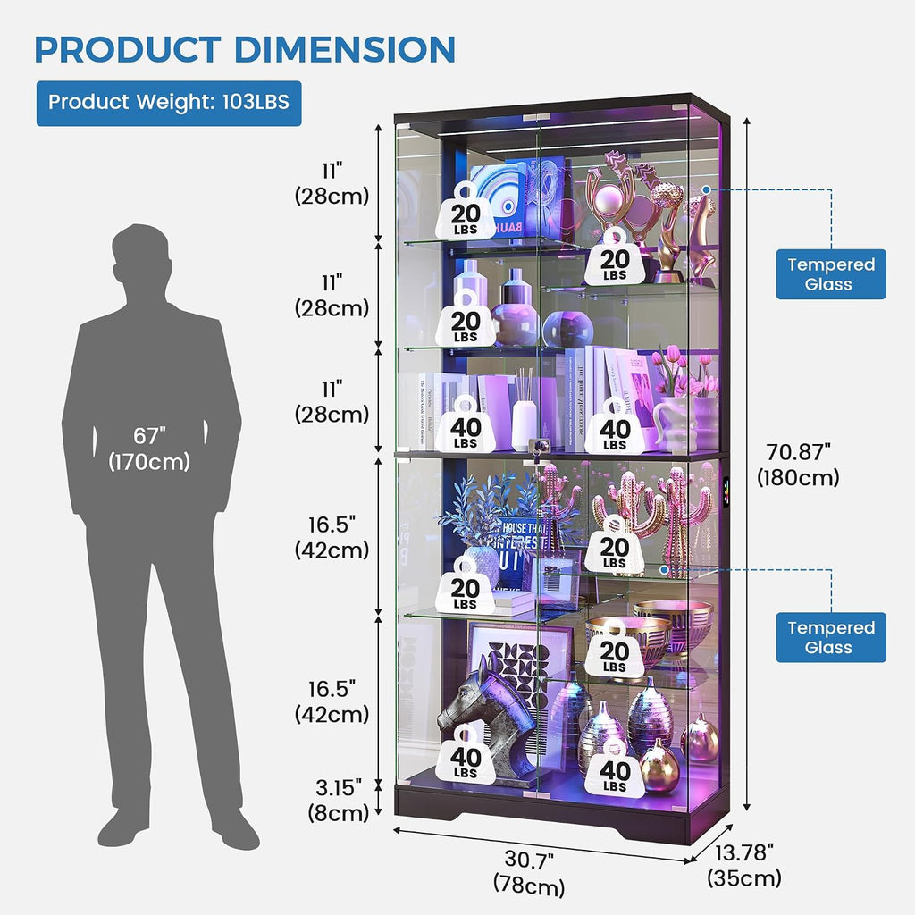 180Cm Glass Display Cabinets with RBG Lights for Collectibles,Black | 10-Tier Curio Cabinet with Lockable, Display Cases with Human Body Sensor and Glass Shelves for Books, Toys