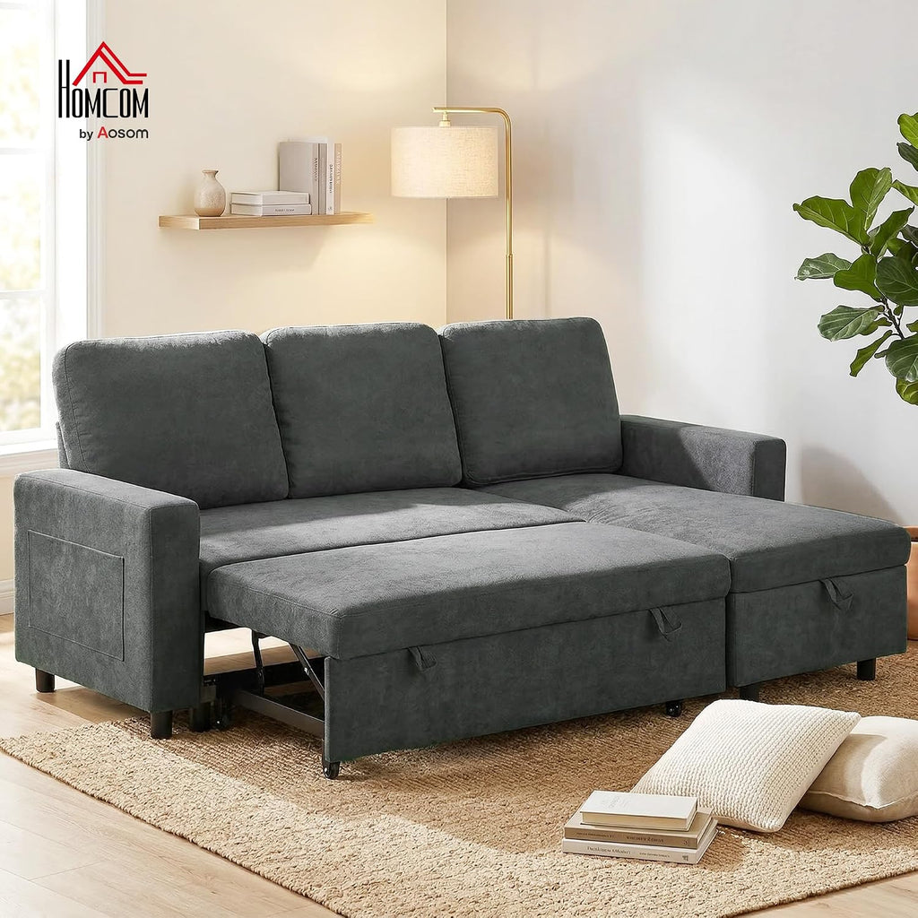 Sofa Bed with Storage Convertible L Shaped Couch Charcoal Grey | Corner Sleeper Couch, 3 Seater Pull Out Sofa Bed, Reversible Chaise, Side Pockets, Living Room, Bedroom, Small Spaces