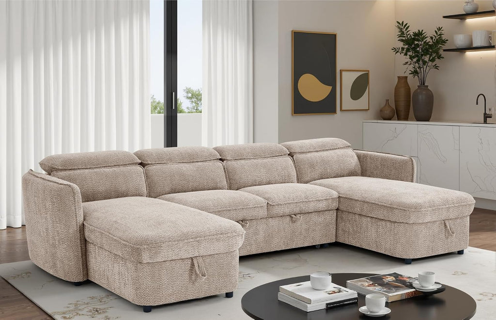 Beehive Furniture Corfu - U-Shaped Corner Sofa Bed - Beige Upholstered Large Family Couch | Setup Included | Built to Last (U-Shaped Corner Sofa Bed)