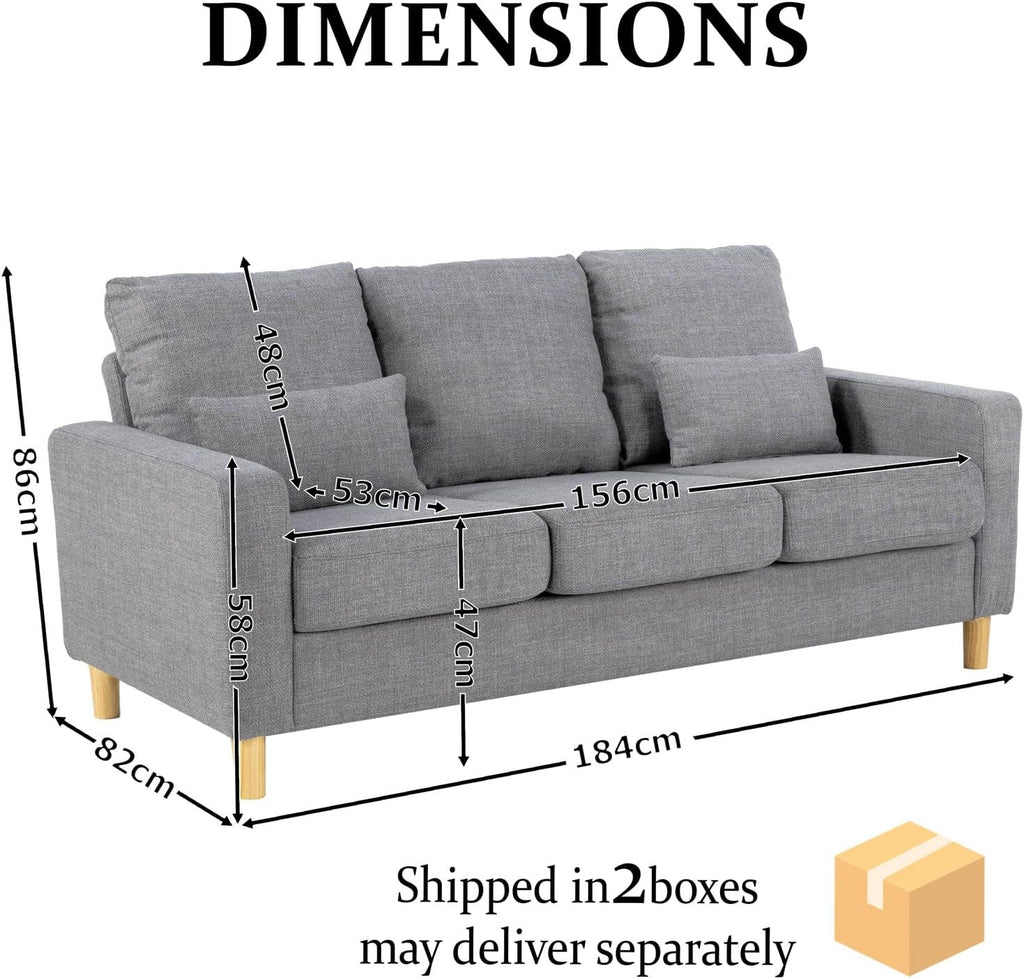 3 Seater Sofa with Square Arms, Light Grey Fabric | 184 Cm Wide; Fabric Upholstery; Square Arms; 2 Lumbar Cushions; 15 Cm Raised Legs; Self-Assembly