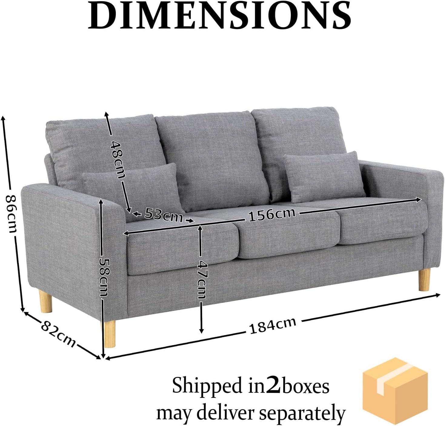 3 Seater Sofa with Square Arms, Light Grey Fabric | 184 Cm Wide; Fabric Upholstery; Square Arms; 2 Lumbar Cushions; 15 Cm Raised Legs; Self-Assembly
