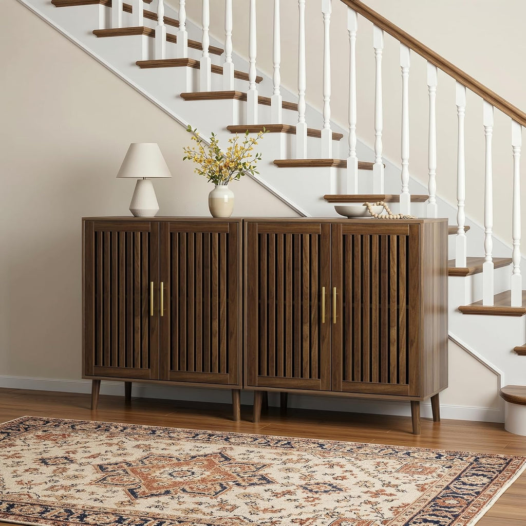 Sideboard Cabinet, Farmhouse Buffet Cabinet with Slatted Doors & Adjustable Shelf, Coffee Bar Storage Cabinet for Kitchen, Dining Room, Living Room, Entryway, Walnut, 80Cm Wide