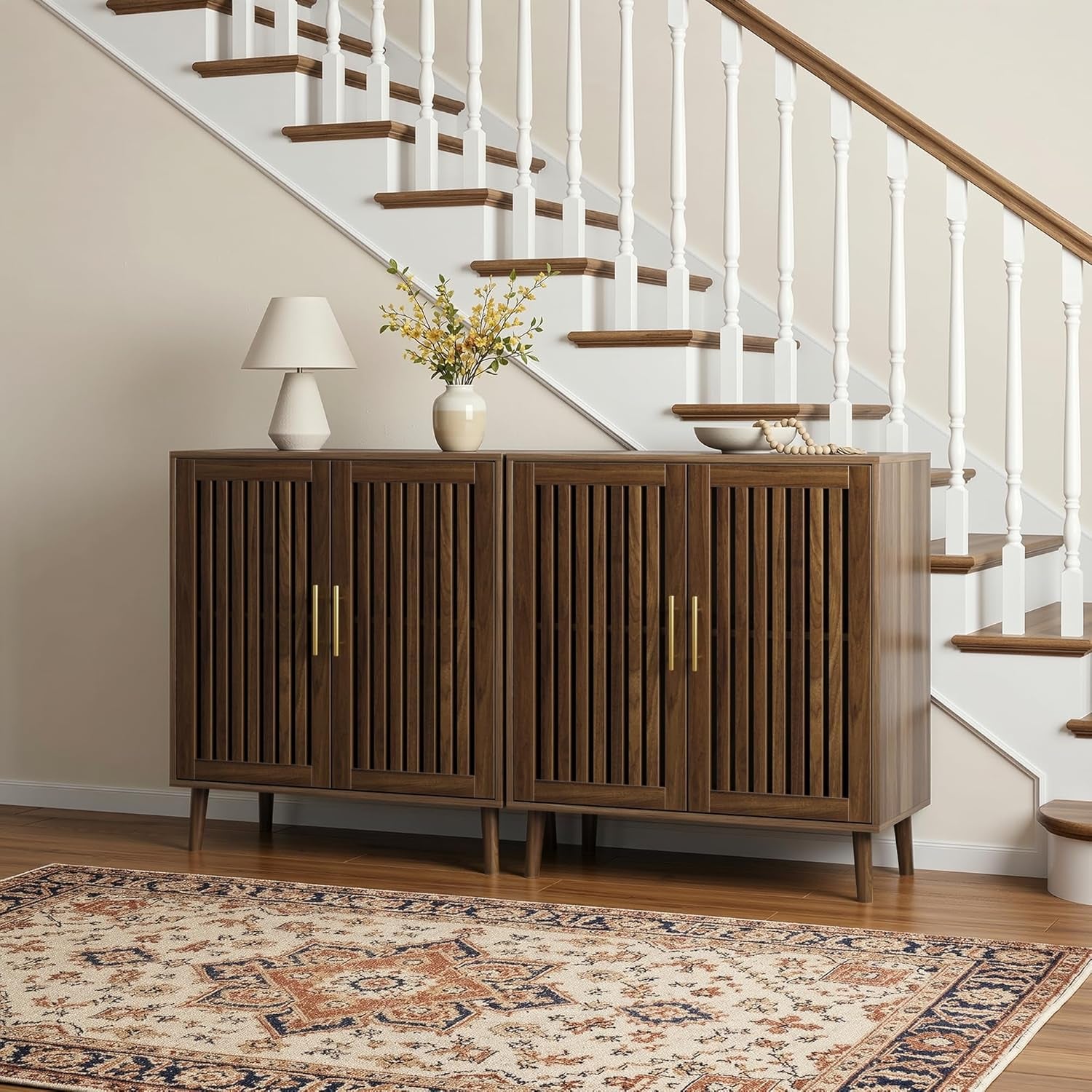 Sideboard Cabinet, Farmhouse Buffet Cabinet with Slatted Doors & Adjustable Shelf, Coffee Bar Storage Cabinet for Kitchen, Dining Room, Living Room, Entryway, Walnut, 80Cm Wide