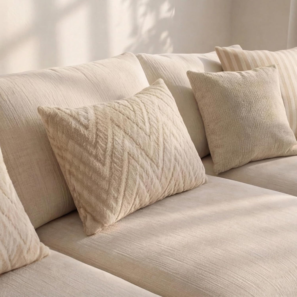 Sofaya Linen U Shaped Plain Sofa Full Back Sectional Chaise Sofa – Upholstered Fabric Couch with Cushions 4-5 Seater Sofa for Living Rooms (Cream Linen, U-Shaped Sofa)