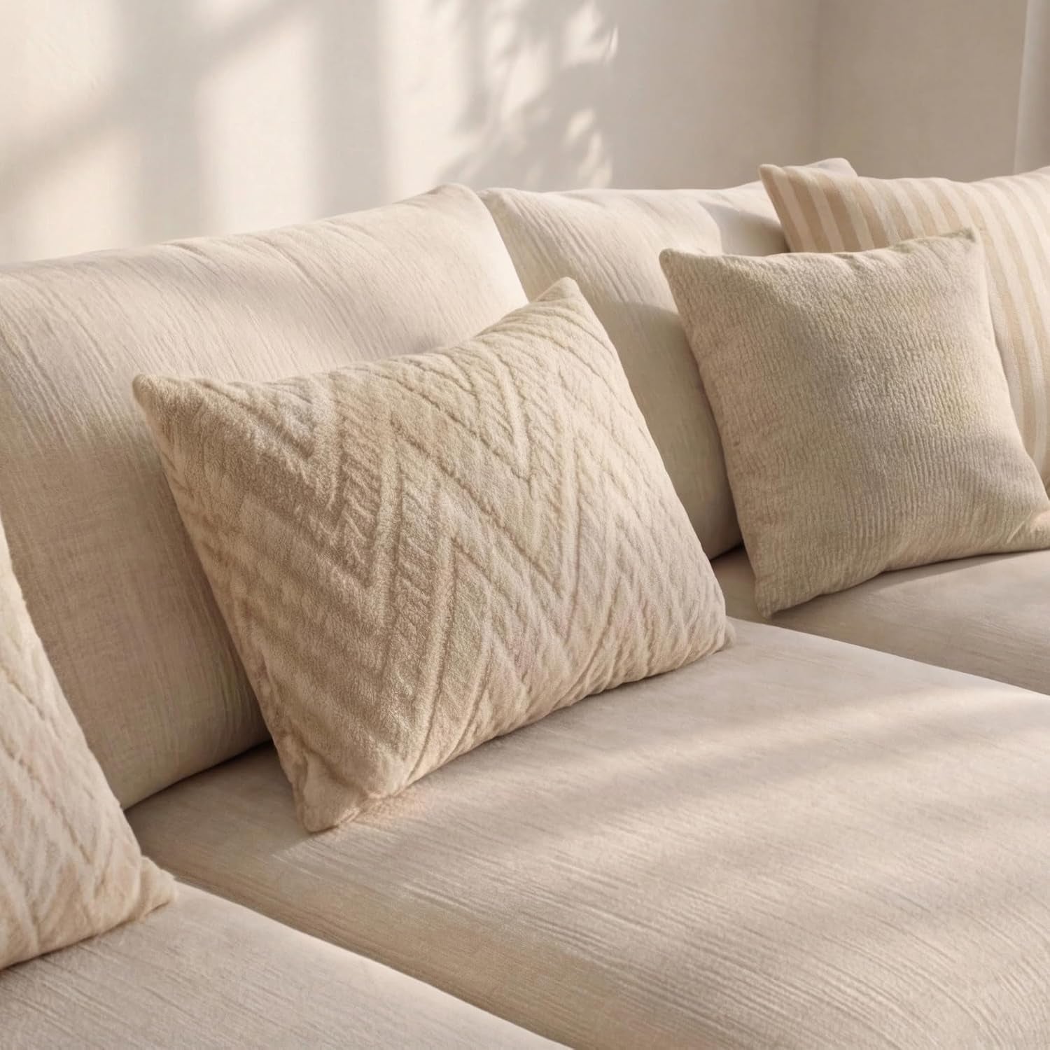 Sofaya Linen U Shaped Plain Sofa Full Back Sectional Chaise Sofa – Upholstered Fabric Couch with Cushions 4-5 Seater Sofa for Living Rooms (Cream Linen, U-Shaped Sofa)