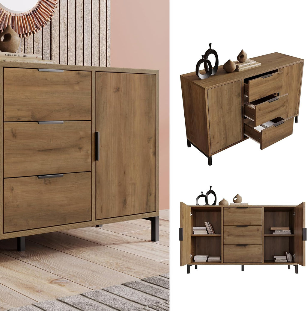 Sideboard Cabinet Cupboard with 2 Doors and 3 Drawers, Rustic Sideboards for Living Room, Kitchen, and Hallway, Adjustable Shelf, 120 X 40 X 76 Cm, Dark Oak