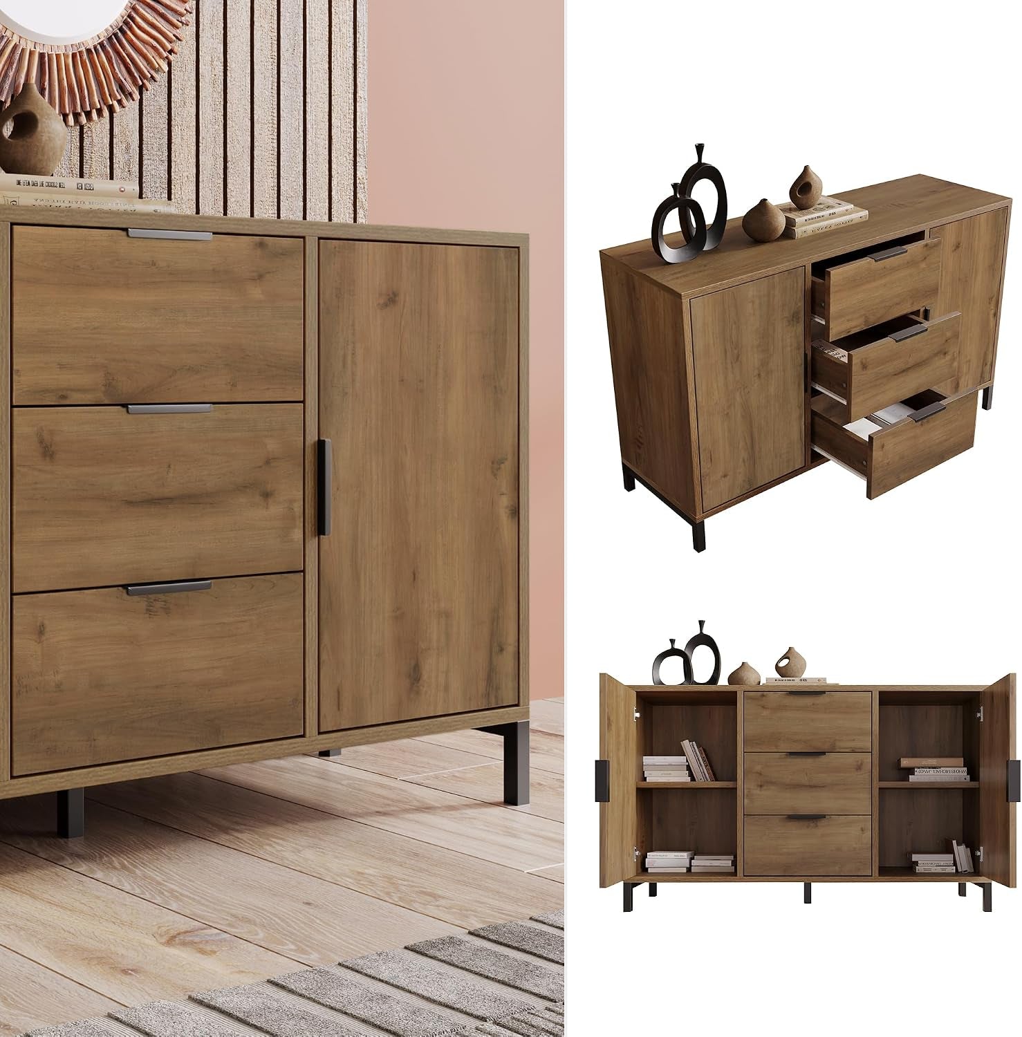 Sideboard Cabinet Cupboard with 2 Doors and 3 Drawers, Rustic Sideboards for Living Room, Kitchen, and Hallway, Adjustable Shelf, 120 X 40 X 76 Cm, Dark Oak