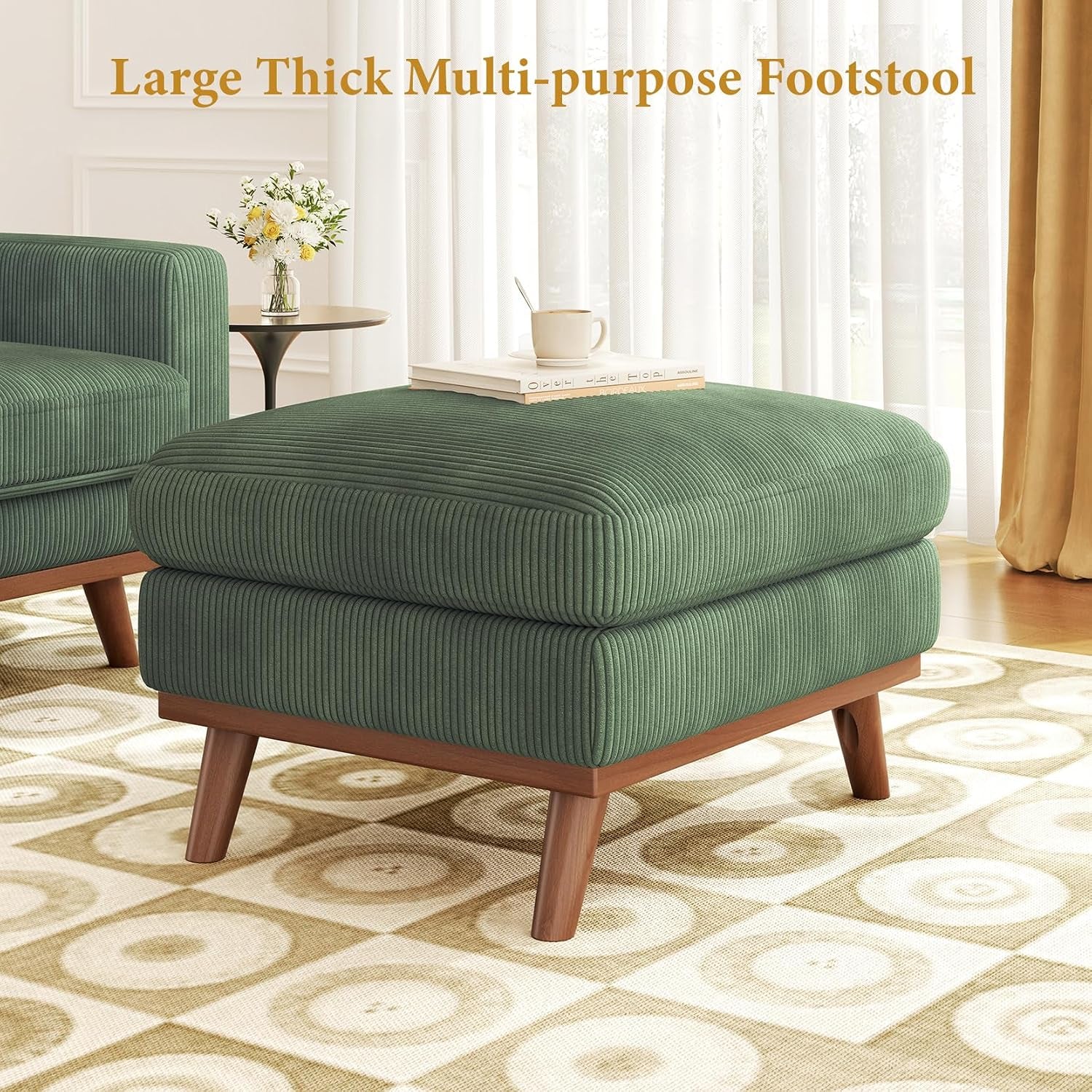 Large Ottoman for Modular Sofa, Large Corduroy Ottoman with Spring Cushion, Rectangle Foot Rest for Couch, Entrance Footstool with Wood Legs, Footstool for Living Room, Bedroom, Green