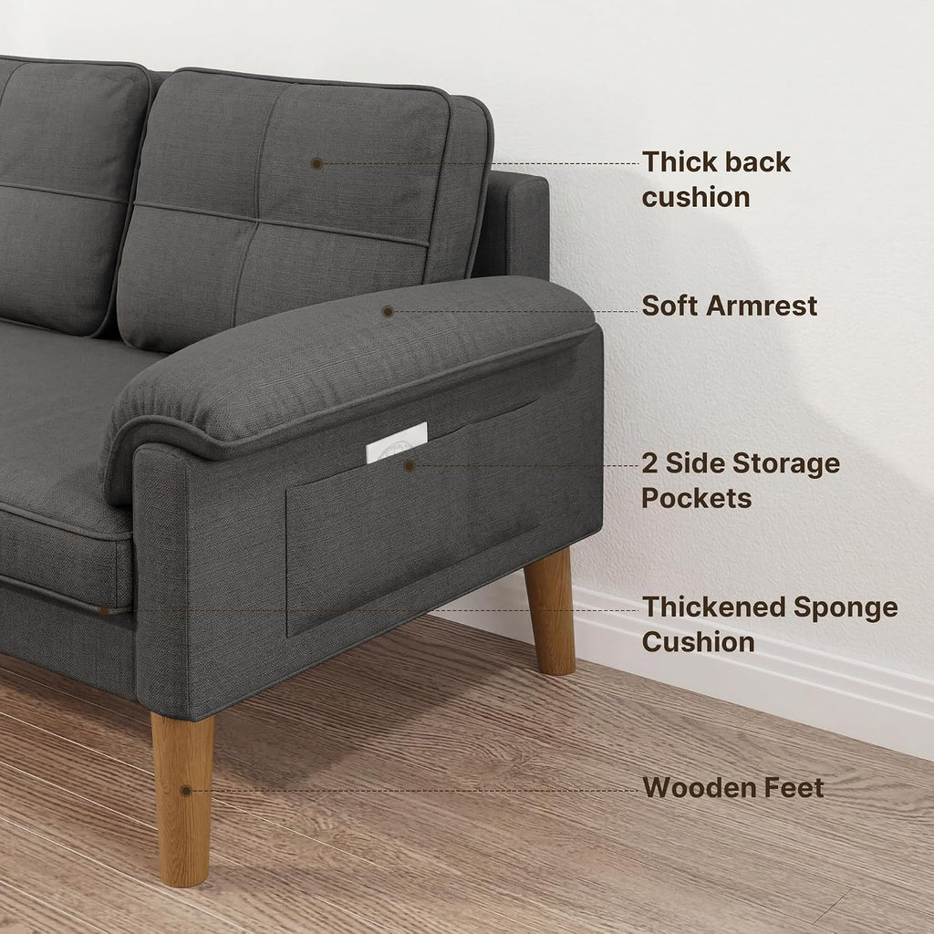 2-Seater Sofa, Small Couch 2-Seater with Armrest and Side Pocket, Modern Fabric Couch for Living Room, Home, Office, Easy Assembly, 145 X 77 X 77 Cm