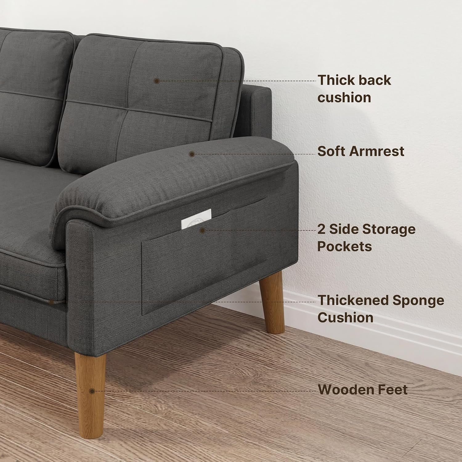 2-Seater Sofa, Small Couch 2-Seater with Armrest and Side Pocket, Modern Fabric Couch for Living Room, Home, Office, Easy Assembly, 145 X 77 X 77 Cm