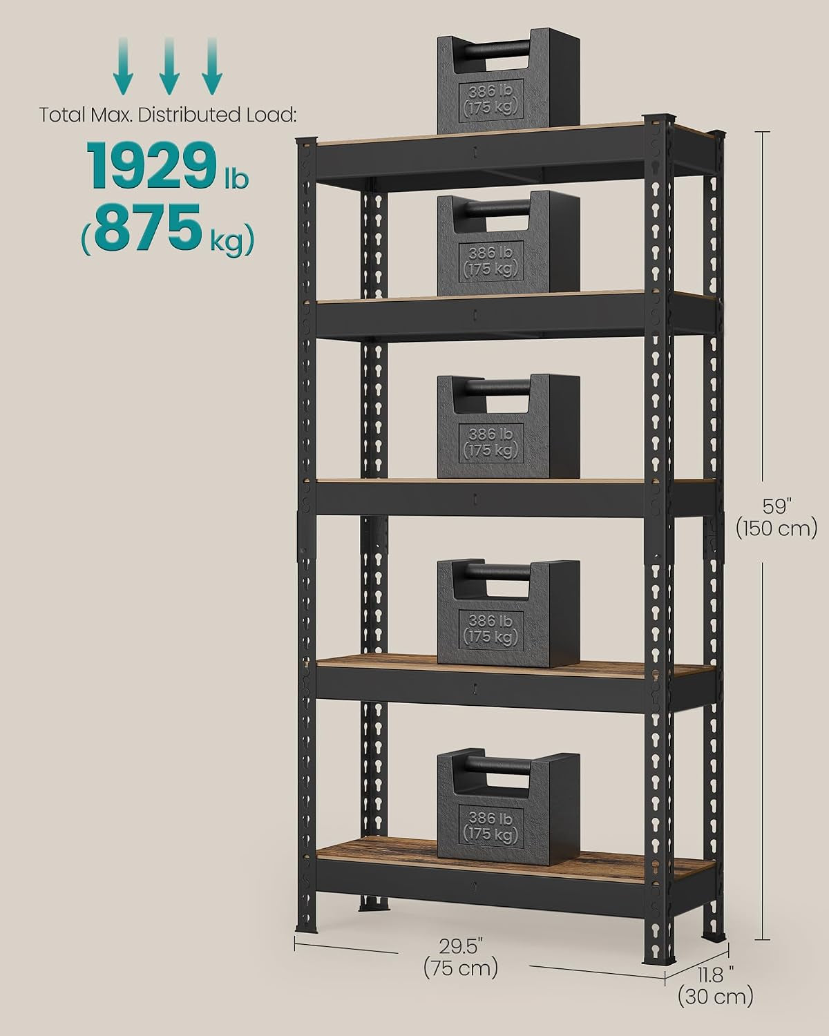 5-Tier Shelving Unit, Storage Shelves for Study | Boltless Assembly, Adjustable Shelves, 30 X 75 X 150 Cm, Load 875 Kg, Rustic Brown, GLR300B11