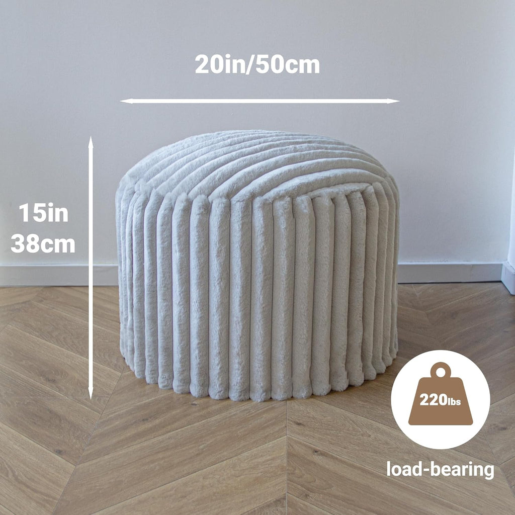 Round Footstool Bean Bag, Faux Fur Pouffe, Grey | Pouf with Foam Chunk Filling, Ottoman Stuffed round for Foot Rest, Dressing Table Stool, 38X50 Cm Footstool for Living Room