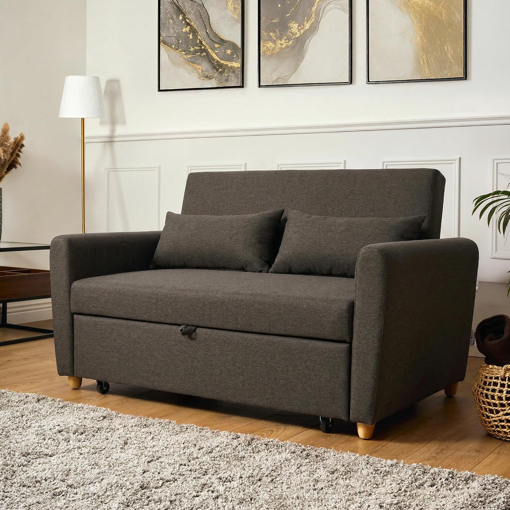 Dark Brown 2 Seater Sofa Bed Double, Pull Out Sofa Bed for Adults, Compact Fabric Sofabed with Fold Flat Mattress | Living Room Guest Bed | 140Cm