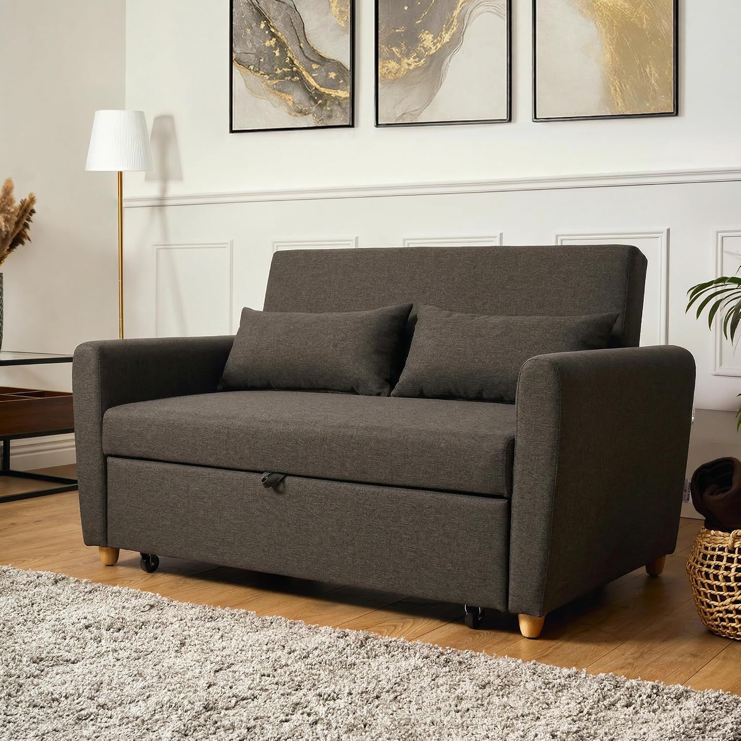 Dark Brown 2 Seater Sofa Bed Double, Pull Out Sofa Bed for Adults, Compact Fabric Sofabed with Fold Flat Mattress | Living Room Guest Bed | 140Cm