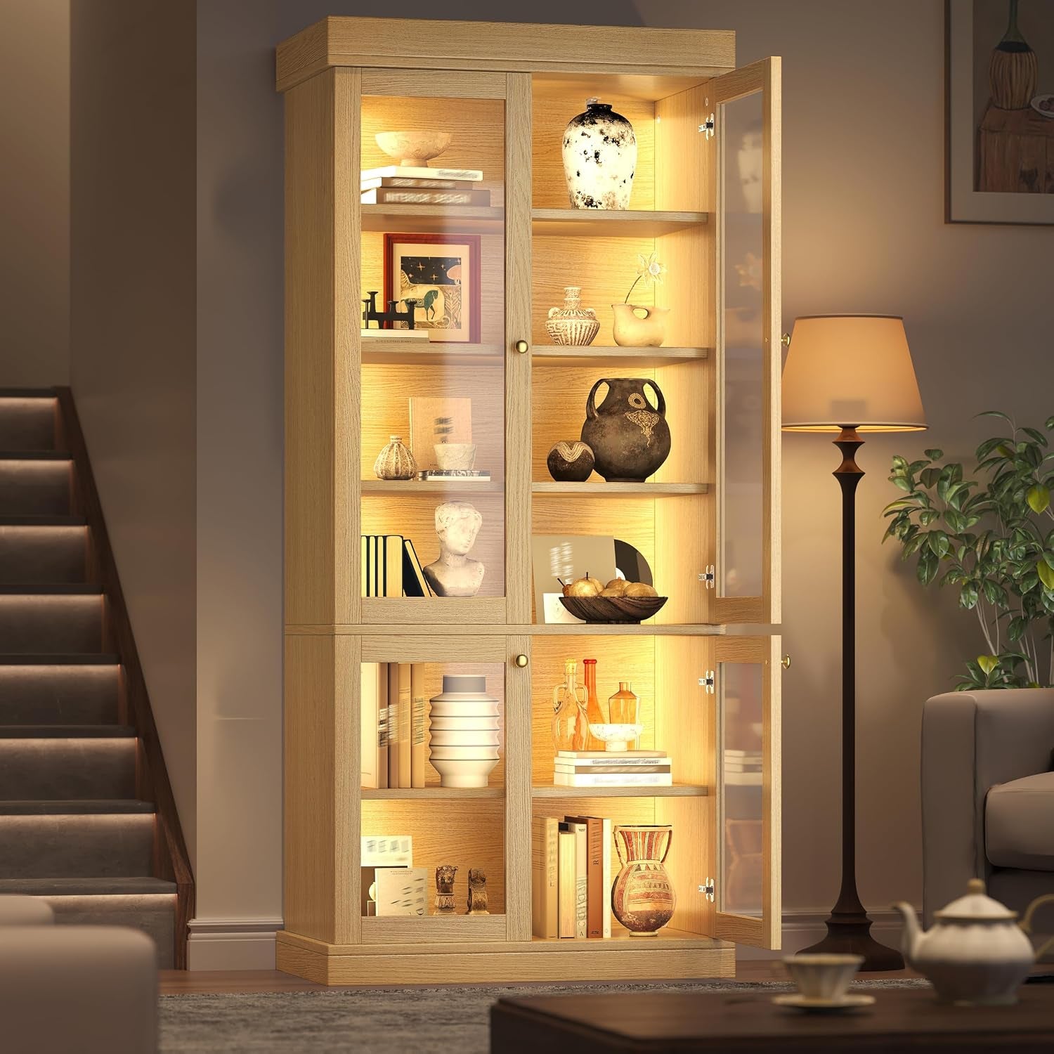 Modern Display Cabinets with Glass Doors & LED Lights, Freestanding Bookcase/Cabinet for Living Room, Oak Colour