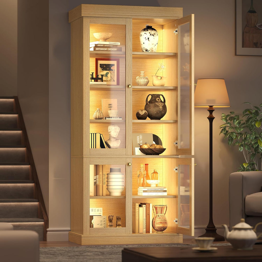 Modern Display Cabinets Combo with Glass Doors & LED Lights, Freestanding Bookcase/Cabinet for Living Room, Oak Colour