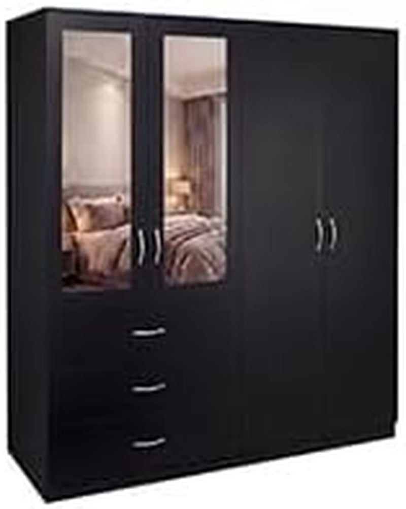 Riano 4 Door 3 Drawer Mirrored Wardrobe | Black | Modern Bedroom Furniture | 175H X 154W X 54D Cm | with Storage Shelf & Hanging Rail | Large Capacity Storage