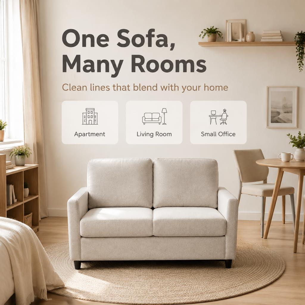 Beige 2-Seater Loveseat Sofa with Washable Covers | Quick Assembly, Cushions for Cozy Comfort,Sturdy Support, 135Cm Space-Saving,Small Apartments