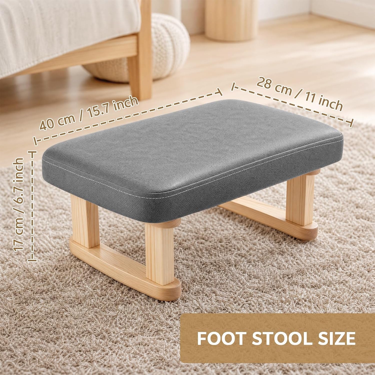 Small Footstool, Lightweight Pouffe Footstool with Stable Wooden Legs and Removable Soft Cushion Cover, Modern Foot Rest under Desk for Living Room Bedroom Office Hallway Entryway (Dark Gray)