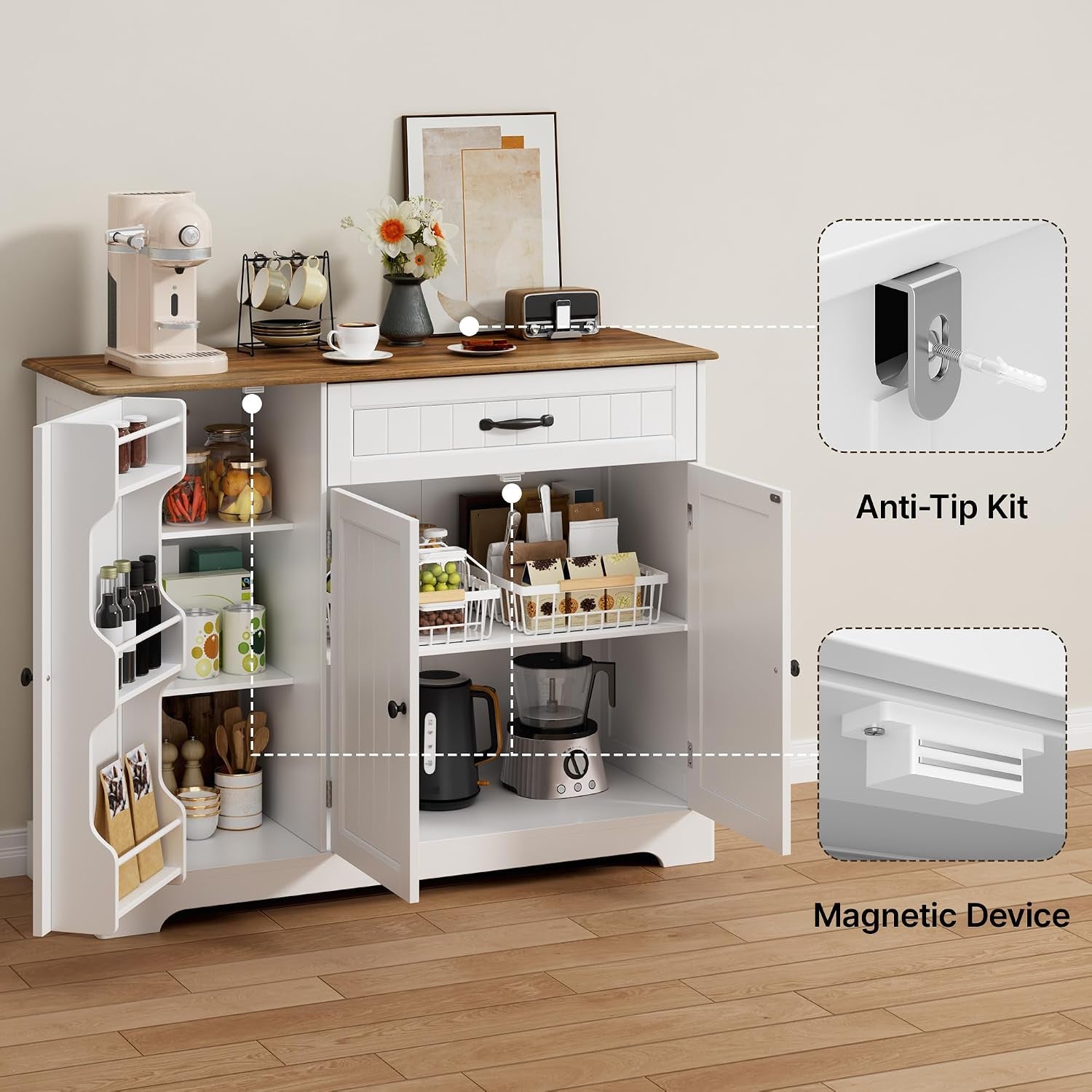 Sideboard Cabinet, Kitchen Storage Cupboard with Drawer | 3-Tier Door Storage and 2-Door Cabinet, Anti-Tip Design, 105 X 40 X 84.5
