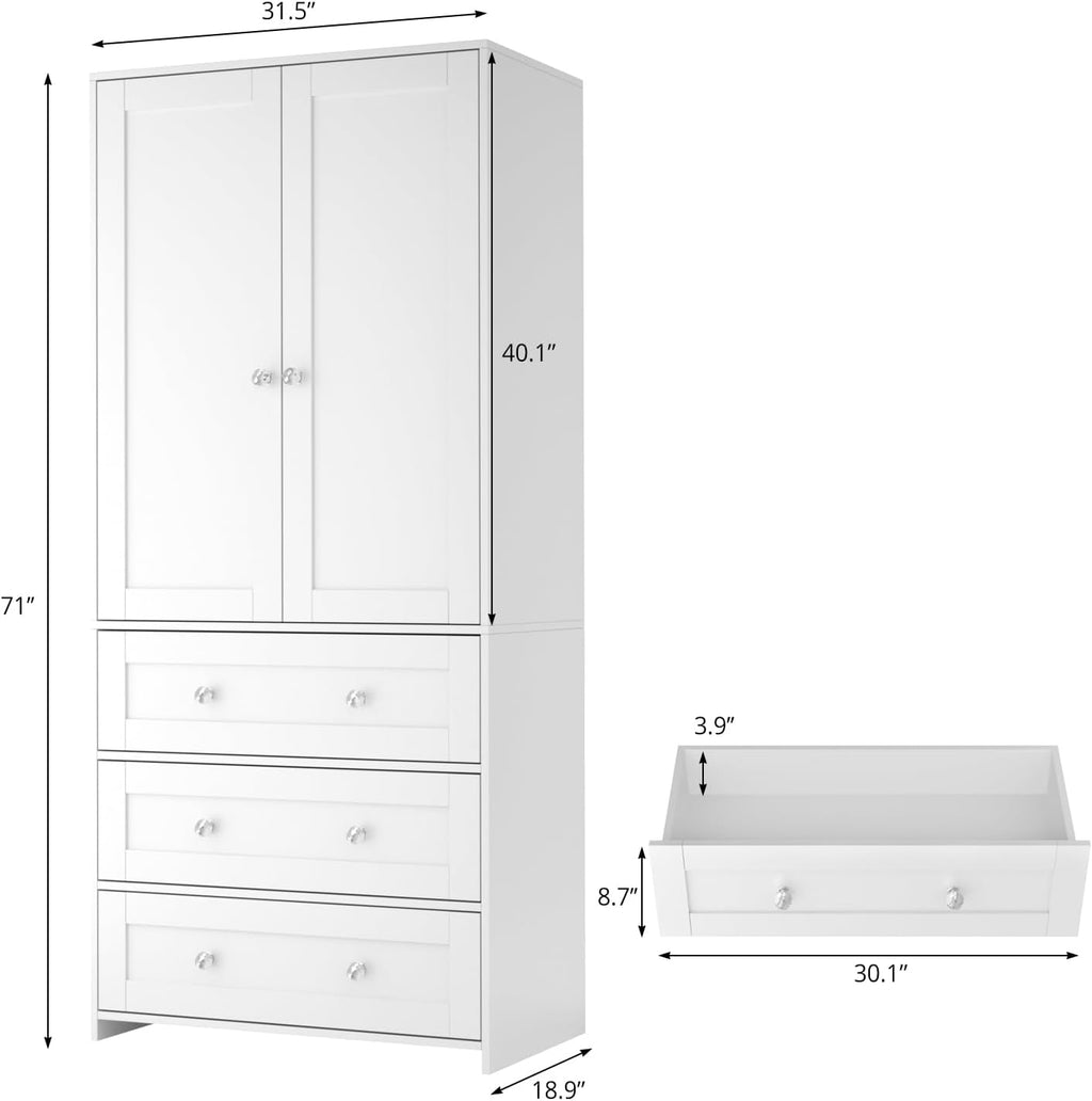 71" Tall Armoire Wardrobe Closet with Drawers and Mirror | Clothing Storage Cabinet with Hanging Rod, 2 Doors Wooden Wardrobe Cabinet for Bedroom, Large Capacity Storage (White)