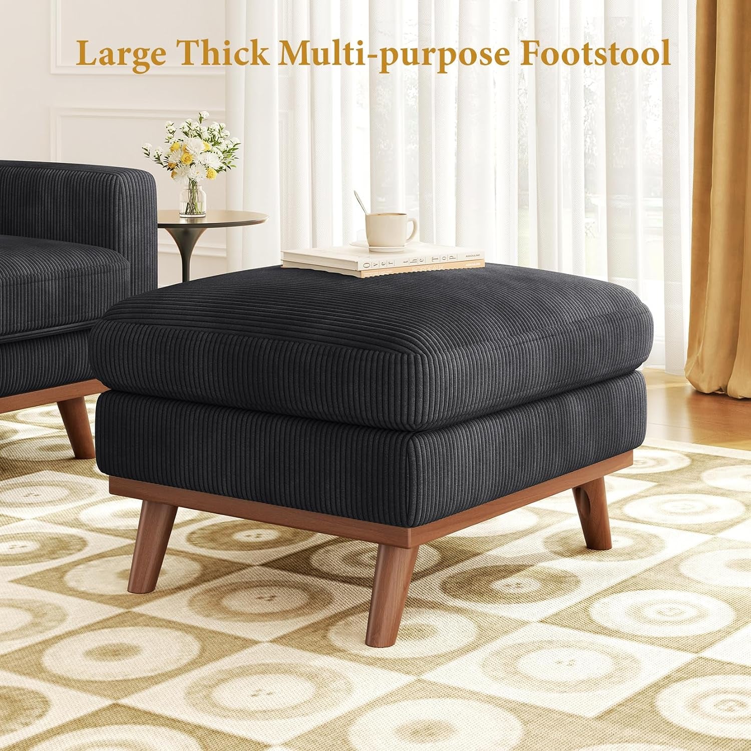 Large Ottoman for Modular Sofa, Large Corduroy Ottoman with Spring Cushion, Rectangle Foot Rest for Couch, Entrance Footstool with Wood Legs, Footstool for Living Room, Bedroom, Black
