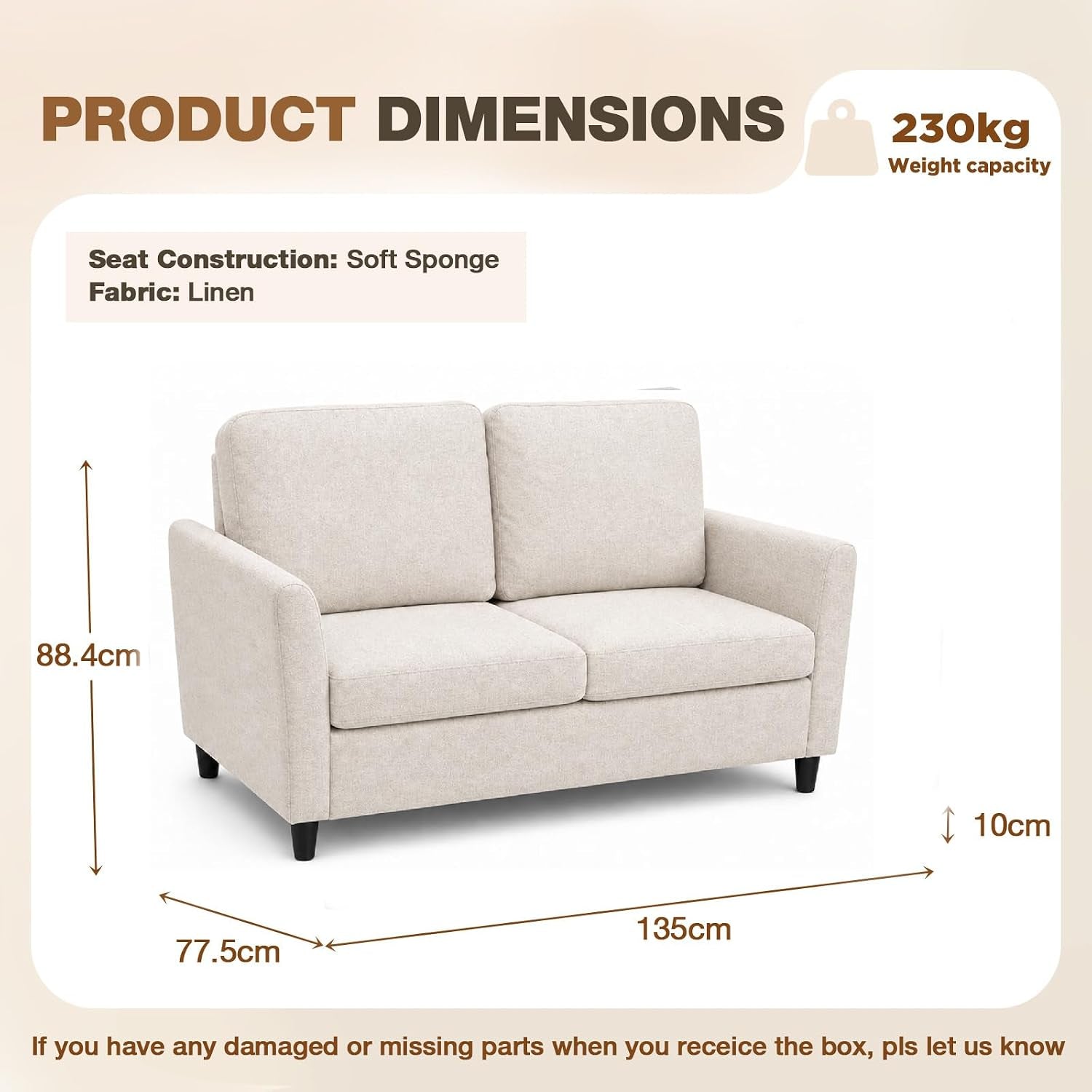 Beige 2-Seater Loveseat Sofa with Washable Covers | Quick Assembly, Cushions for Cozy Comfort,Sturdy Support, 135Cm Space-Saving,Small Apartments