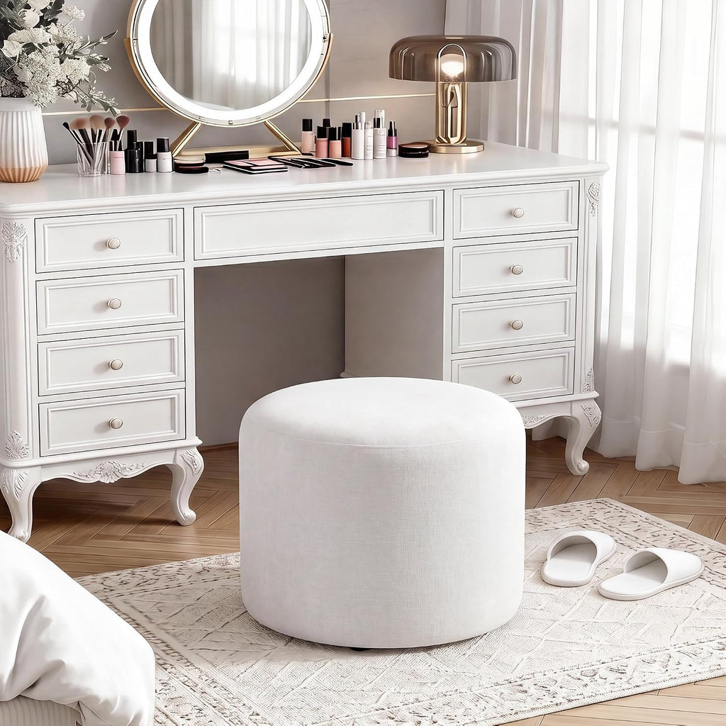 round Ottoman Foot Stool, Large Pouffe Footstool, White | Chenille Upholstered Foot Rest, Wood Frame, 57.5Cm Width, 120Kg Capacity, No Assembly Stool for Living Room Bedroom Hallway