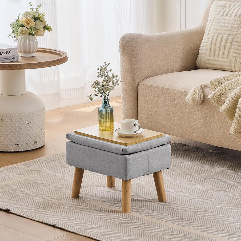 Footstool Ottoman with Storage, Linen Rectangle Storage Ottoman, Foot Stool with Legs Sofa Footrest for Living Room Entryway Office, Gray