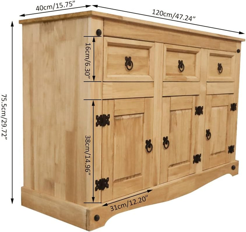 Corona Sideboard, 3 Door 3 Drawer Solid Pine Wood Sideboard Living Room Furniture,Waxed