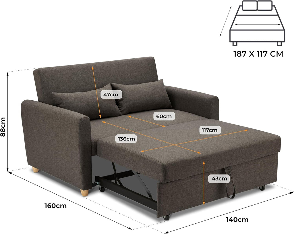 Dark Brown 2 Seater Sofa Bed Double, Pull Out Sofa Bed for Adults, Compact Fabric Sofabed with Fold Flat Mattress | Living Room Guest Bed | 140Cm
