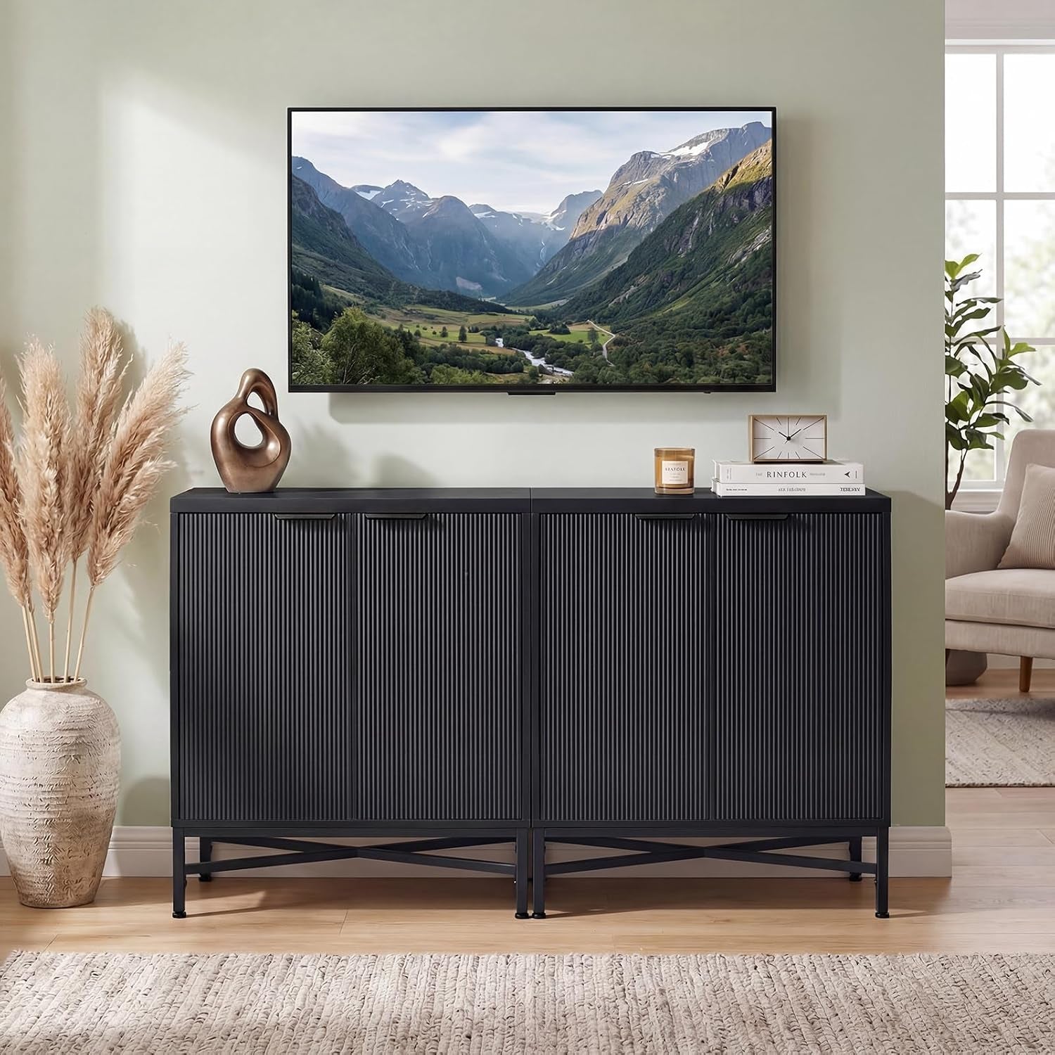 Fluted Buffet Sideboard, 2 Door Storage Cabinet with Metal Legs | Adjustable Shelf, X-Shaped Design, Anti-Tipping Kit, Modern Coffee Bar Cabinet for Living Room Dining Room Hallway (Black)
