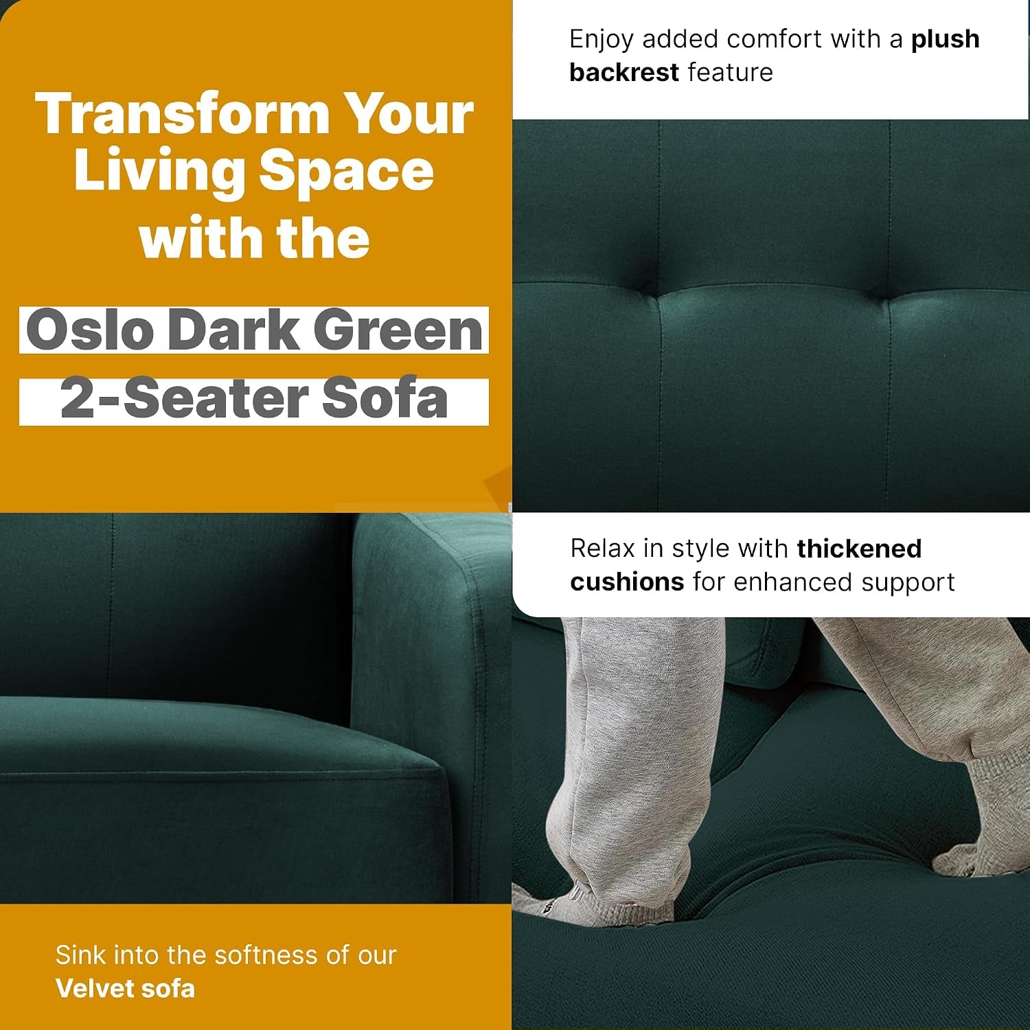 Oslo 2 Seater Compact Sofa in Dark Green Velvet Fabric | W130 X D80 X H80 Cm, Padded Cushions, 2 Couch for Modern Living Rooms, Bedrooms & Flats, Velvet Fabric
