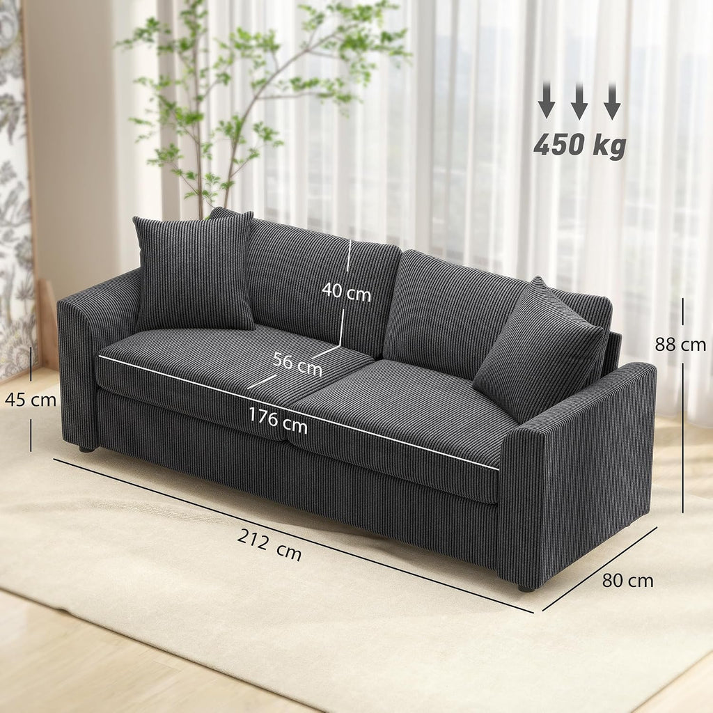 Modern 3 Seater Sofa with Spring Cushion Fabric 212 Cm Grey | Jumbo Cord Sofa Couch, 2 Scatter Cushions, Upholstered Corduroy Settee, Living Room, Bedroom, Home Office