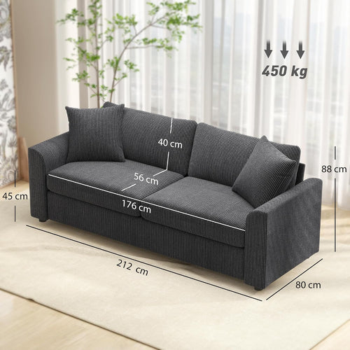 Modern 3 Seater Sofa with Spring Cushion Fabric 212 Cm Grey | Jumbo Cord Sofa Couch, 2 Scatter Cushions, Upholstered Corduroy Settee, Living Room, Bedroom, Home Office