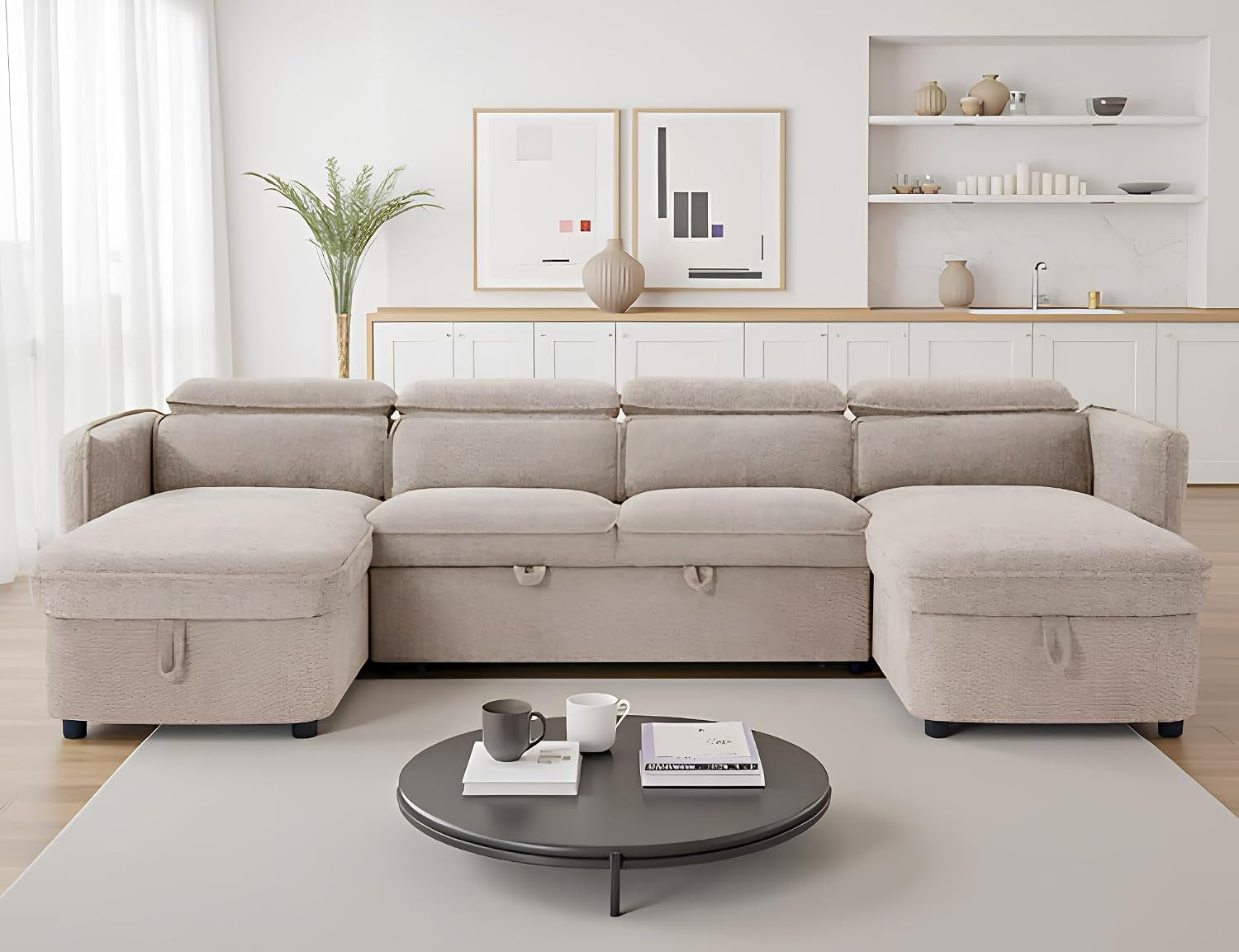 Beehive Furniture Corfu - U-Shaped Corner Sofa Bed - Beige Upholstered Large Family Couch | Setup Included | Built to Last (U-Shaped Corner Sofa Bed)