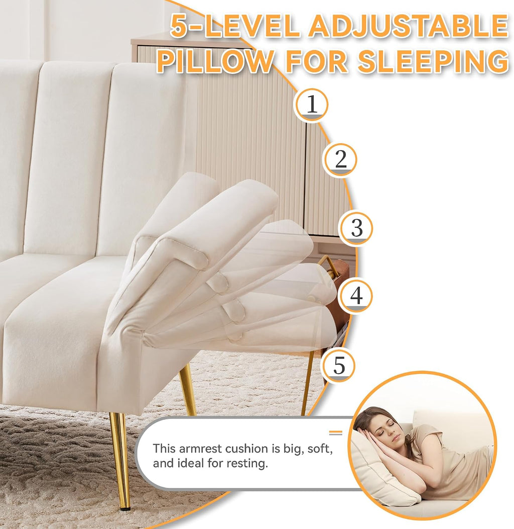2 Seater Sofa Bed with Multi‑Position Backrest & Armrests, Velvet | Couch Bed Double with Metal Legs, Modern Loveseat Sofa for Living Room, Bedroom, Home Theater & Guest Room