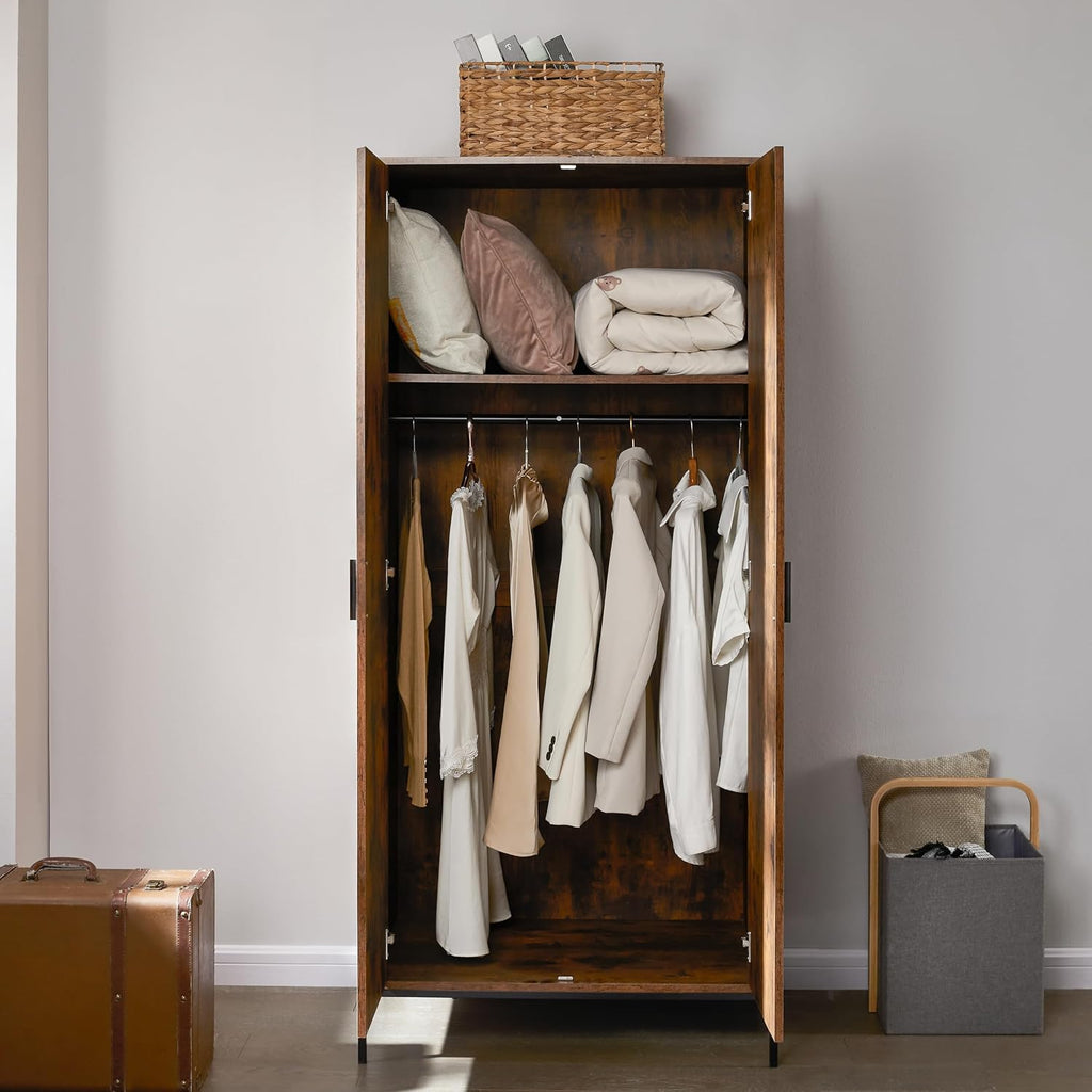 Brooklyn 2 Door Wardrobe Clothes Hanging Rail Shelf Industrial Rustic Bedroom Furniture (Dark Wood)