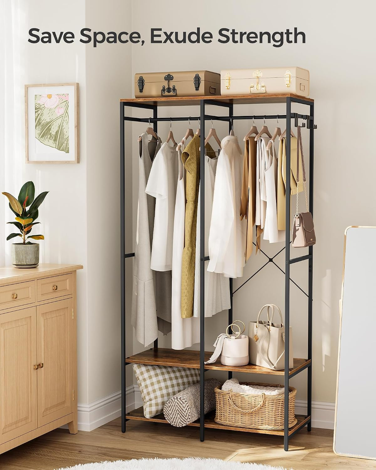 Portable Clothes Wardrobe, Foldable Closet, Clothes Rack Freestanding, Closet Organiser, with Hanging Rods, Storage Shelves, Removable Hooks, 40 X 94.5 X 180 Cm, Rustic Brown RGR004B01