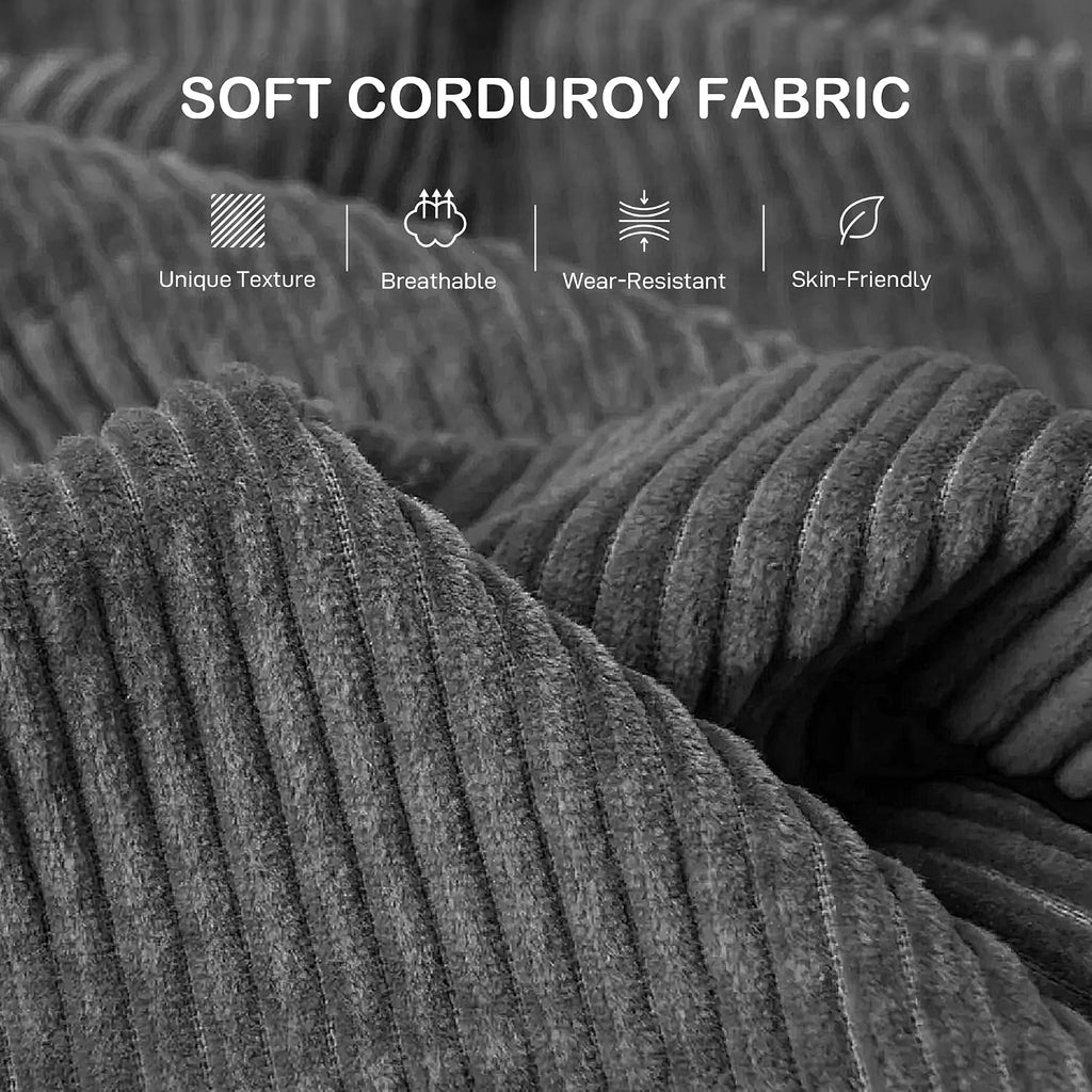 Modern 3 Seater Sofa with Spring Cushion Fabric 212 Cm Grey | Jumbo Cord Sofa Couch, 2 Scatter Cushions, Upholstered Corduroy Settee, Living Room, Bedroom, Home Office
