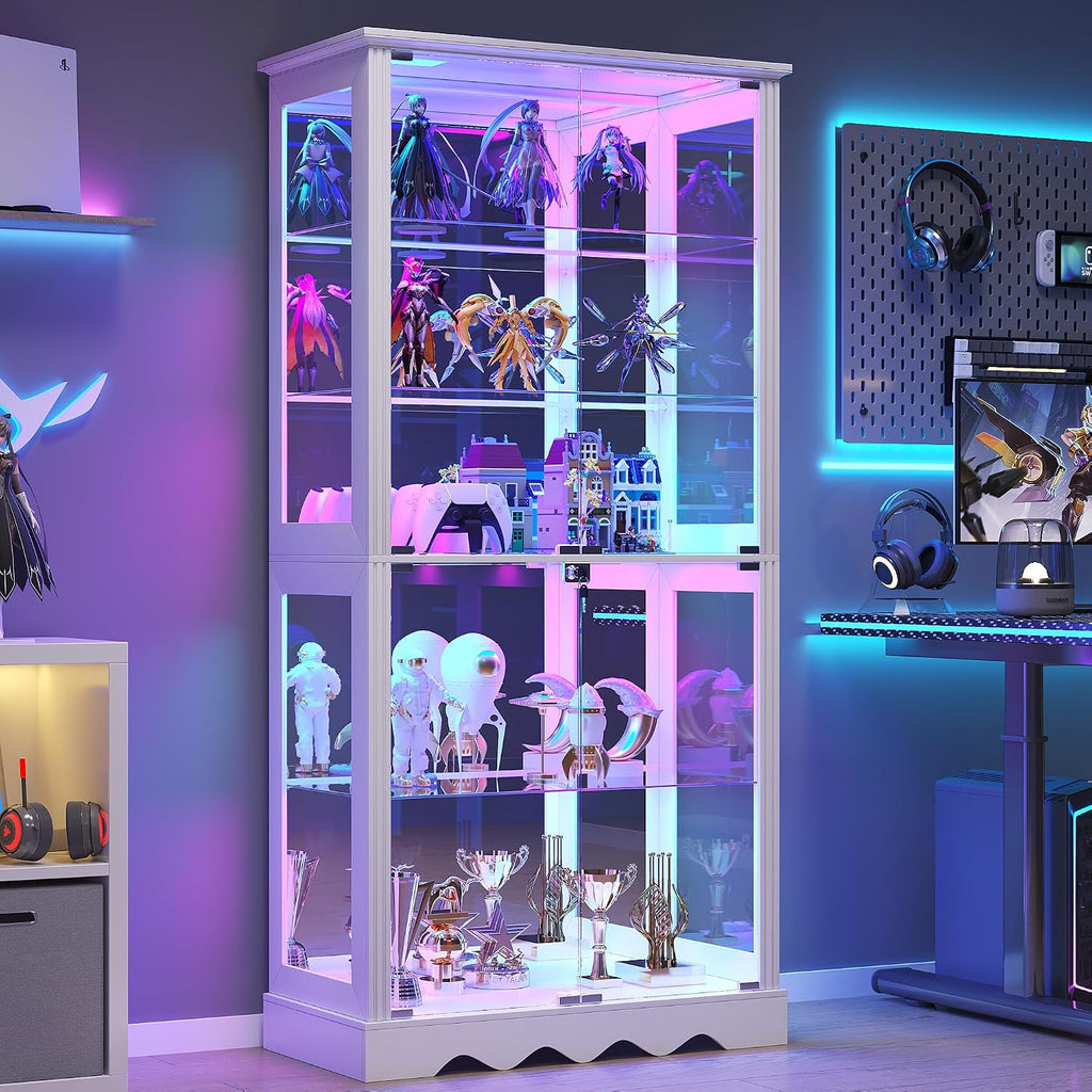 Glass Display Cabinet with Lock and RGB Lights, 5-Tier, White | Curio Display Case with Glass Doors, with Adjustable Shelf and Human Sensor Design, for Collectibles/ Toys/ Books