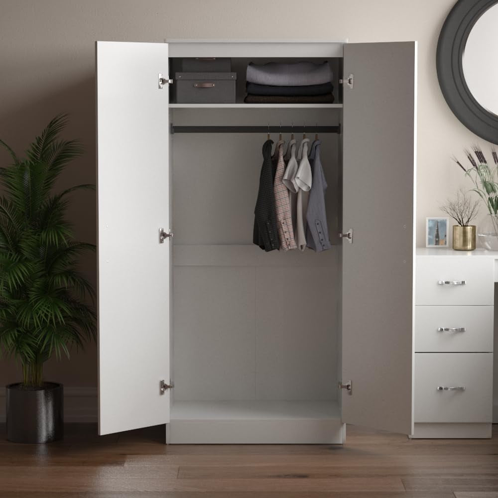 Riano 2 Door Wardrobe | White | Bedroom Furniture | 170H X 76W X 53D Cm | with Shelf & Hanging Rail | Large Capacity Storage