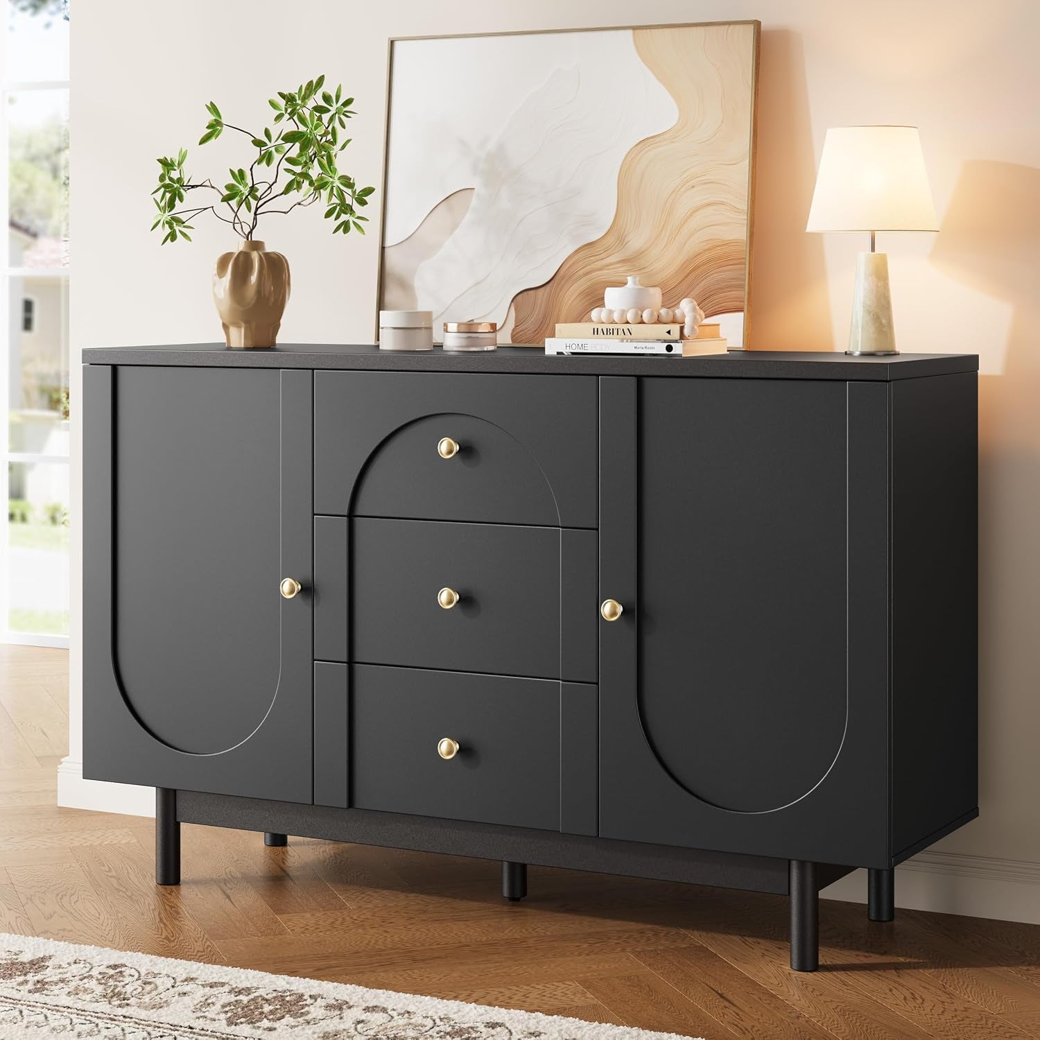 Sideboard, Wooden Sideboard Cabinet with Adjustable Shelf, 3 Drawers and 2 Doors, Modern Cabinet for Living Room, Hallway, Kitchen, Black